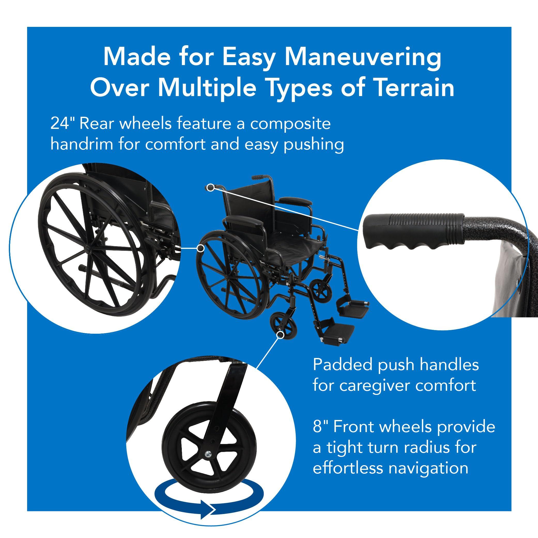 Roscoe Medical ProBasics Comfort Standard Wheelchair - Height Adjustable Seat - Flip Back Desk Arms - 300 Pound Weight Wapacity - Black - Swing-Away Footrest - 16" x 16" Seat