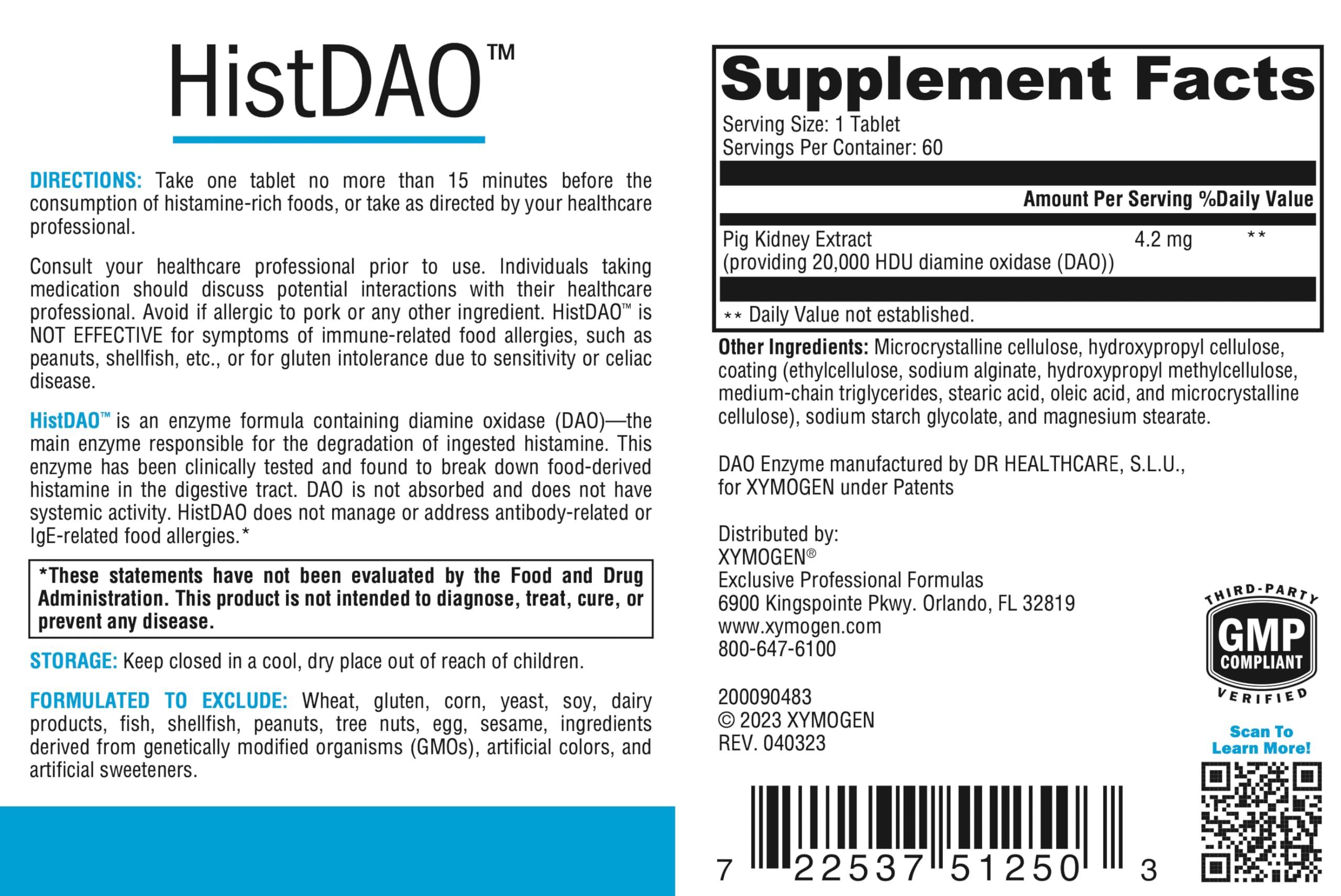 XYMOGEN XYMOGEN HistDAO - DAO Enzyme Supplement to Supports Healthy Degradation of Food-Derived Histamine - Diamine Oxidase for Digestive Health 20,000 HDU Per Serving (60 Tablets)