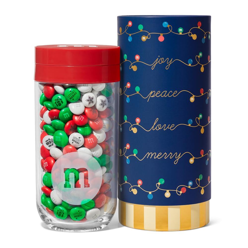 M&M\'S WORLD M&MS Holiday Gift Jar in Holiday Lights Tube, Unique Holiday Gift filled with Pre-Designed M&MS Holiday Candies