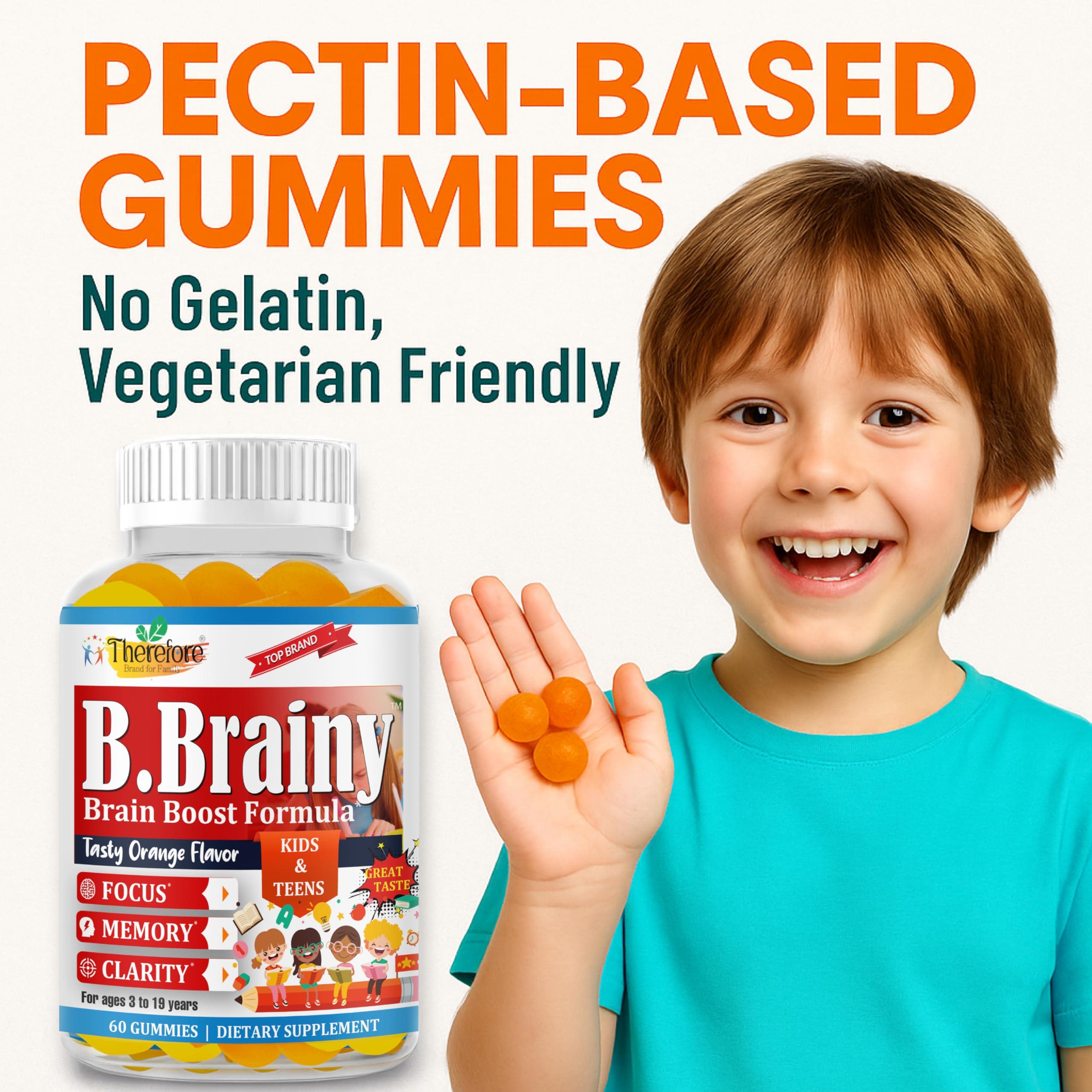 Therefore B.Brainy Brain Focus Gummies for Kids & Teens, Attentive Child Supplement, Brain Focus Vitamins for Kids & Teens, Vegan Omega 3 EPA/DHA, Support Memory, Clarity, Concentration, Low Sugar 60 Gummies