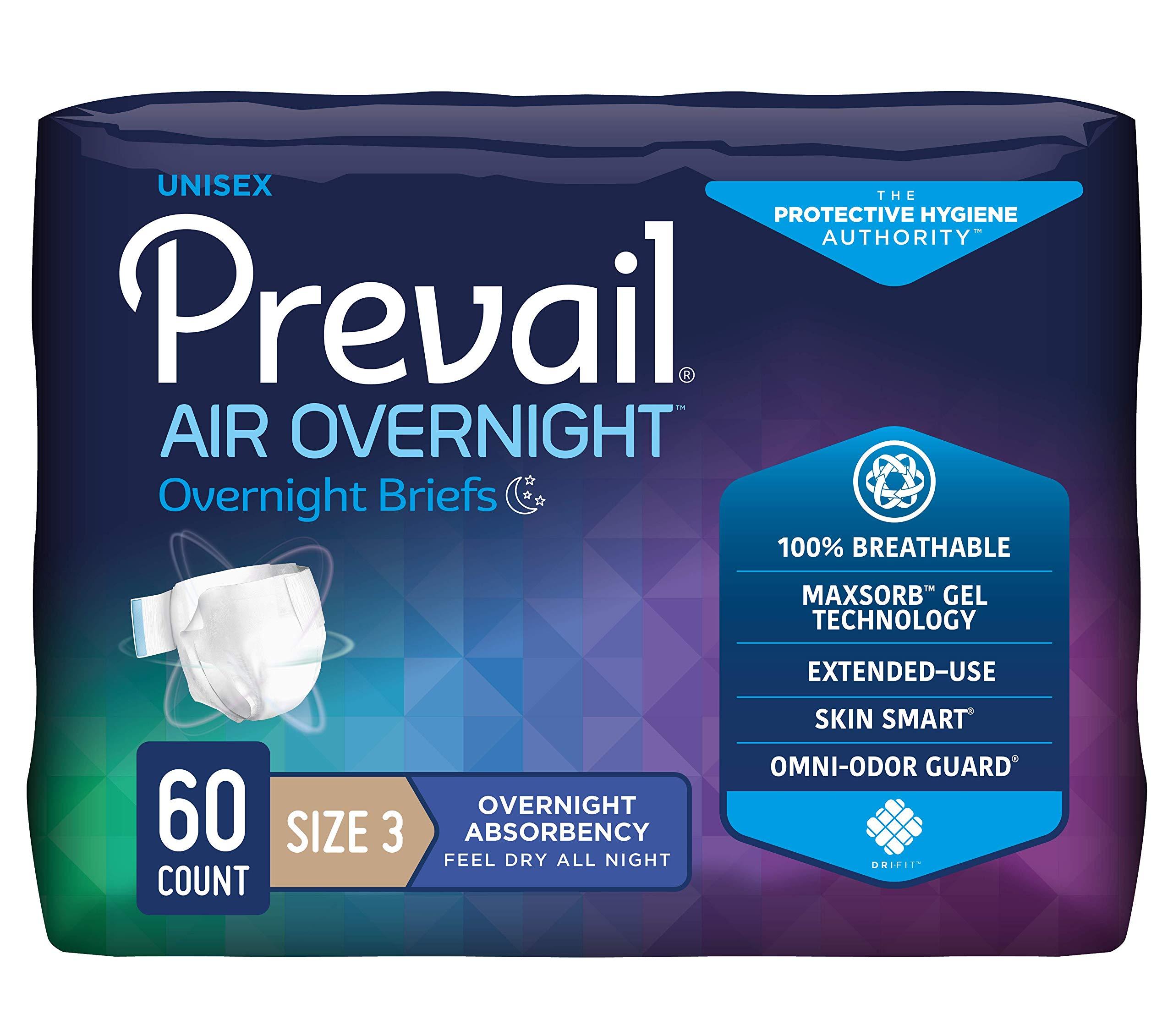 Prevail Prevail AIR Overnight Incontinence Briefs - Unisex Adult Incontinence Briefs with Tabs - Disposable Adult Diaper for Men & Women - Overnight Absorbency - Size 3, 60 Count (4 Packs of 15)