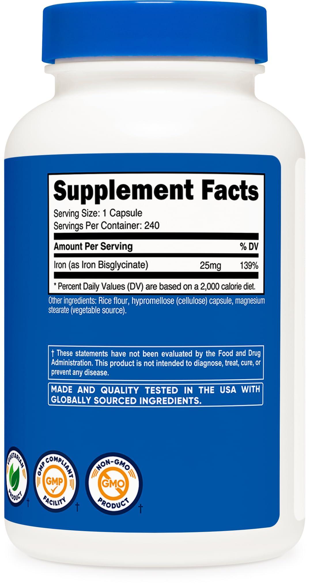 Nutricost Nutricost Iron Bisglycinate Supplement (25mg) 240 Capsules - from Ferrous Bisglycinate Chelate - Non-GMO & Gluten-Free
