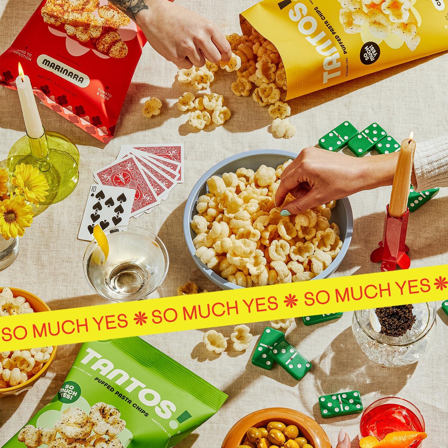 Tantos Tantos! Puffed Pasta Chips Variety Pack - Gourmet Italian Snacks - 4 oz Bags (12 Pack) - Pizzeria Style Chips with Marinara, Pesto, Cacio e Pepe, Classico - Chef Created Office & Kids Lunch Snacks