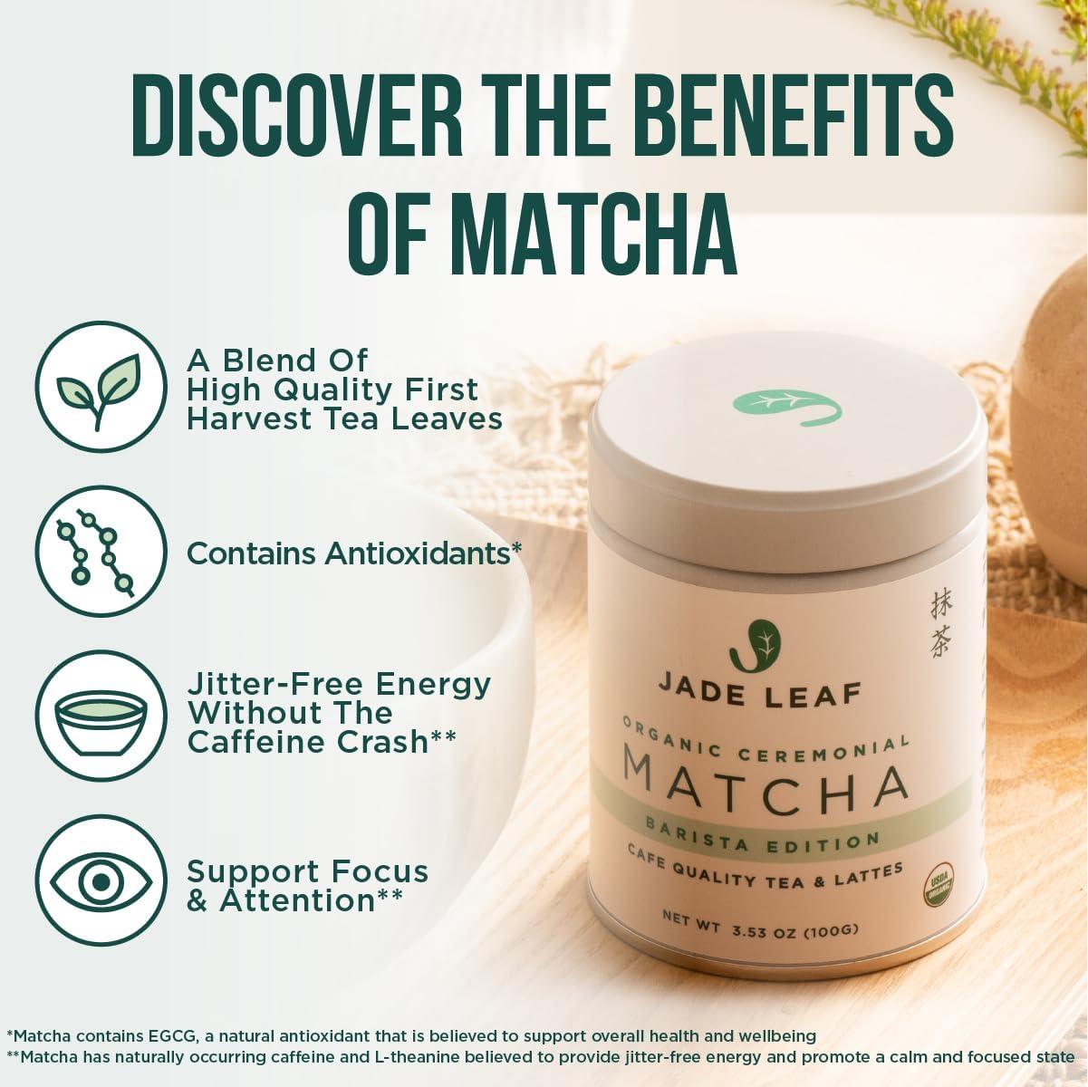 Jade Leaf Matcha Jade Leaf Matcha Organic Ceremonial Grade Matcha Green Tea Powder - Authentic Japanese Origin - Teahouse Edition Premium First Harvest (3.53 Ounce)