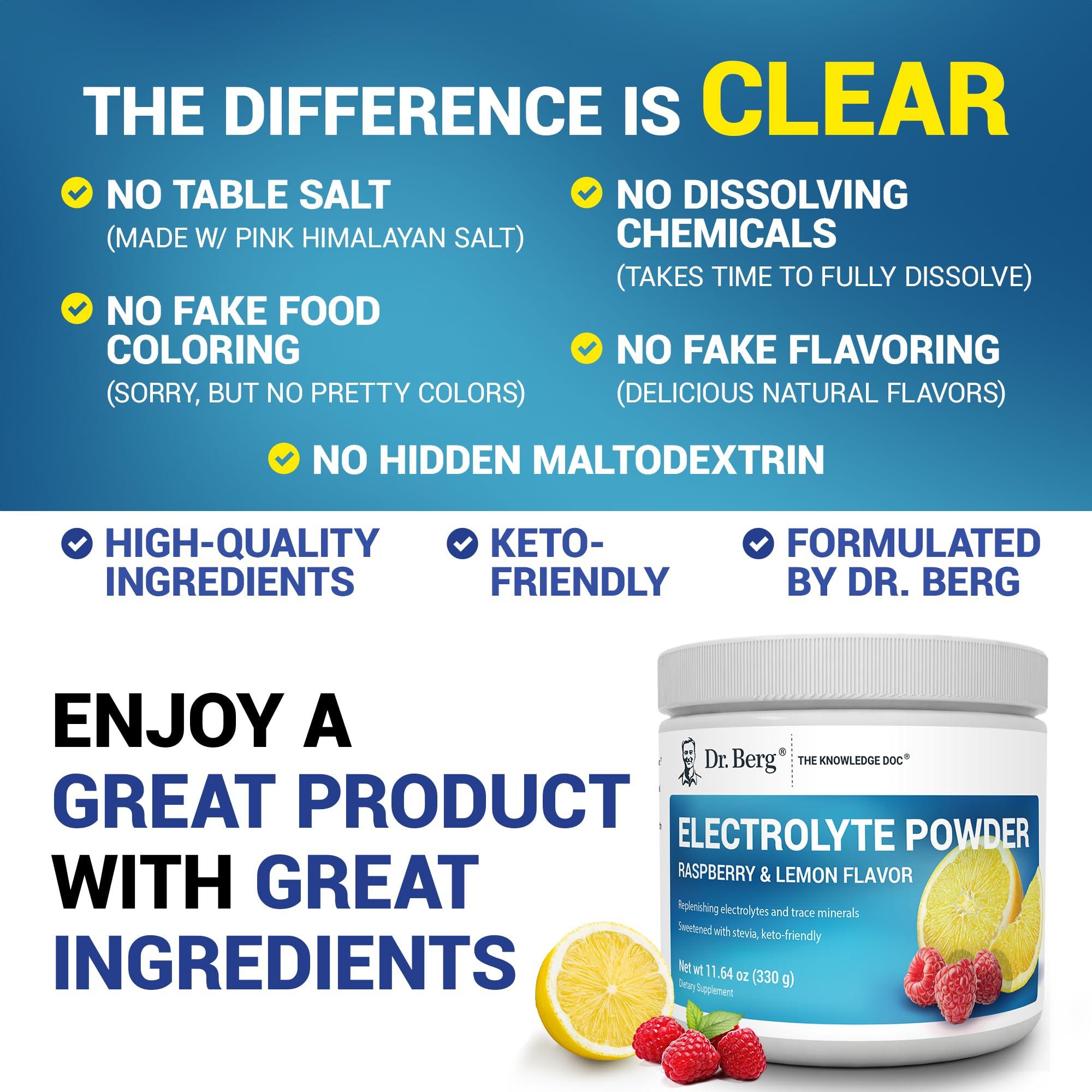 Dr. Berg Nutritionals Dr. Berg Zero Sugar Hydration Keto Electrolyte Powder - Enhanced w/ 1,000mg of Potassium & Real Pink Himalayan Salt (NOT Table Salt) - Raspberry & Lemon Flavor Hydration Drink Supplement - 50 Servings