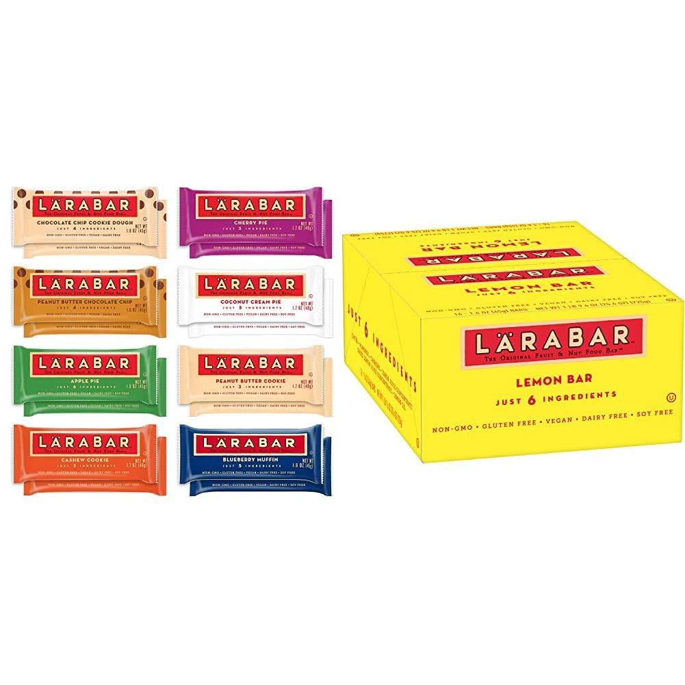 LÄRABAR Larabar Gluten Free Snack Bars Variety Box, Vegan, 8 Flavors, 1.7oz, 16ct & Gluten Free Bar, Lemon, Whole Food, Dairy Free Snacks, 1.6 Ounce (Pack of 16)