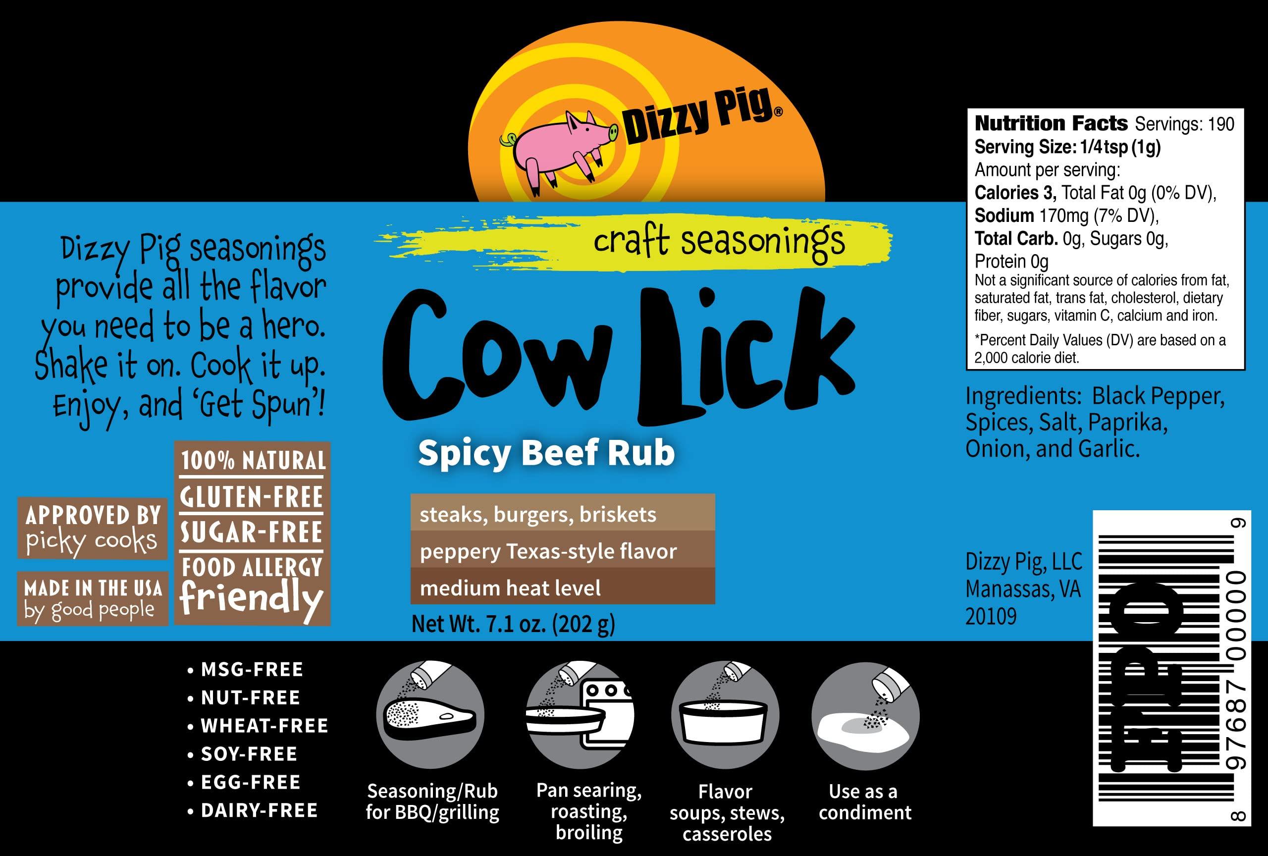 Dizzy Pig Dizzy Pig Cow Lick Texas-Style Spicy Beef Seasoning Rub (8oz Shaker) - Seasons 30+lbs of Food - Hand Made in the USA - MSG Free, Gluten Free