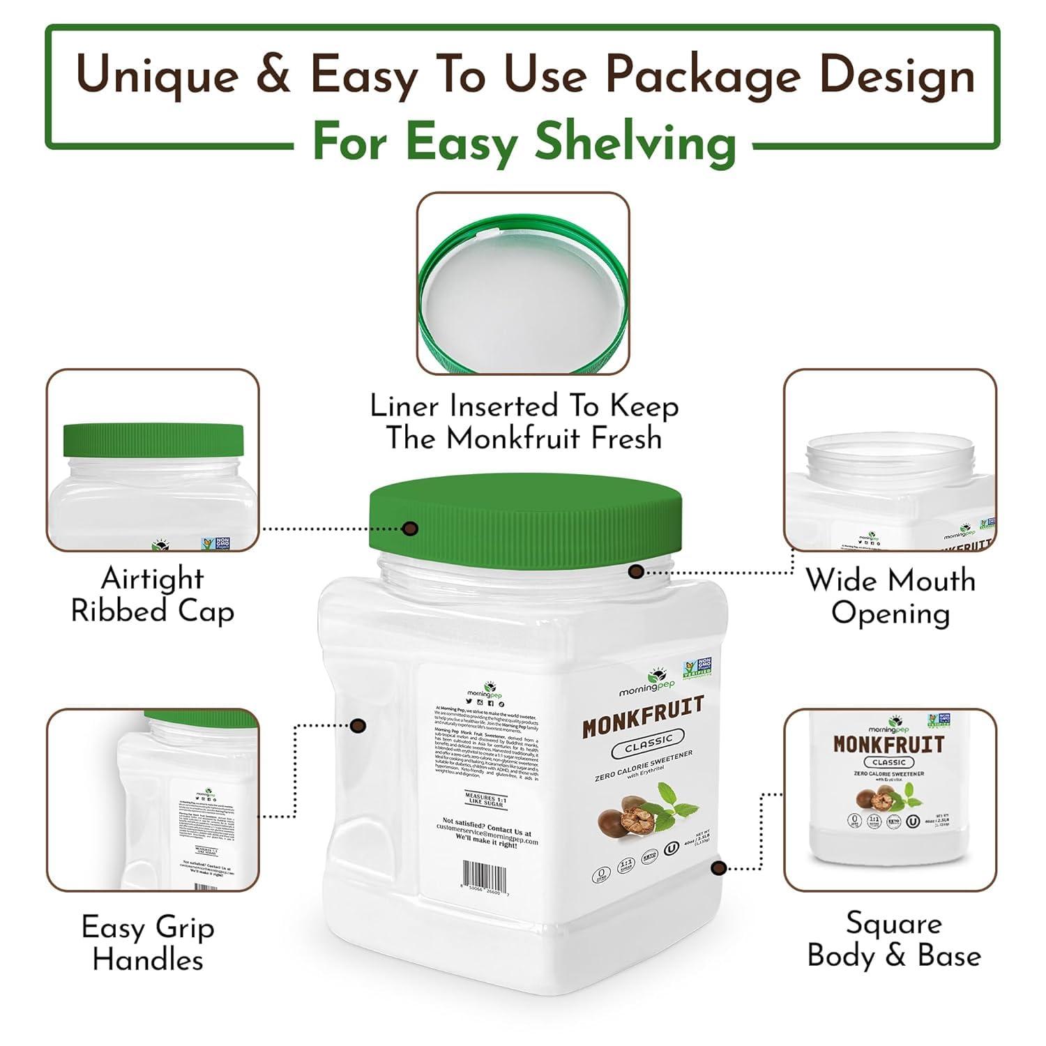 Morning Pep Morning Pep Monk Fruit Sweetener, Classic | White Sugar Substitute, Keto Diet Friendly, 1:1 Sugar Replacement, For Baking, Coffee, Tea, Zero Calorie Non Gmo Project Verified, OU Kosher, White - 2.5 lb