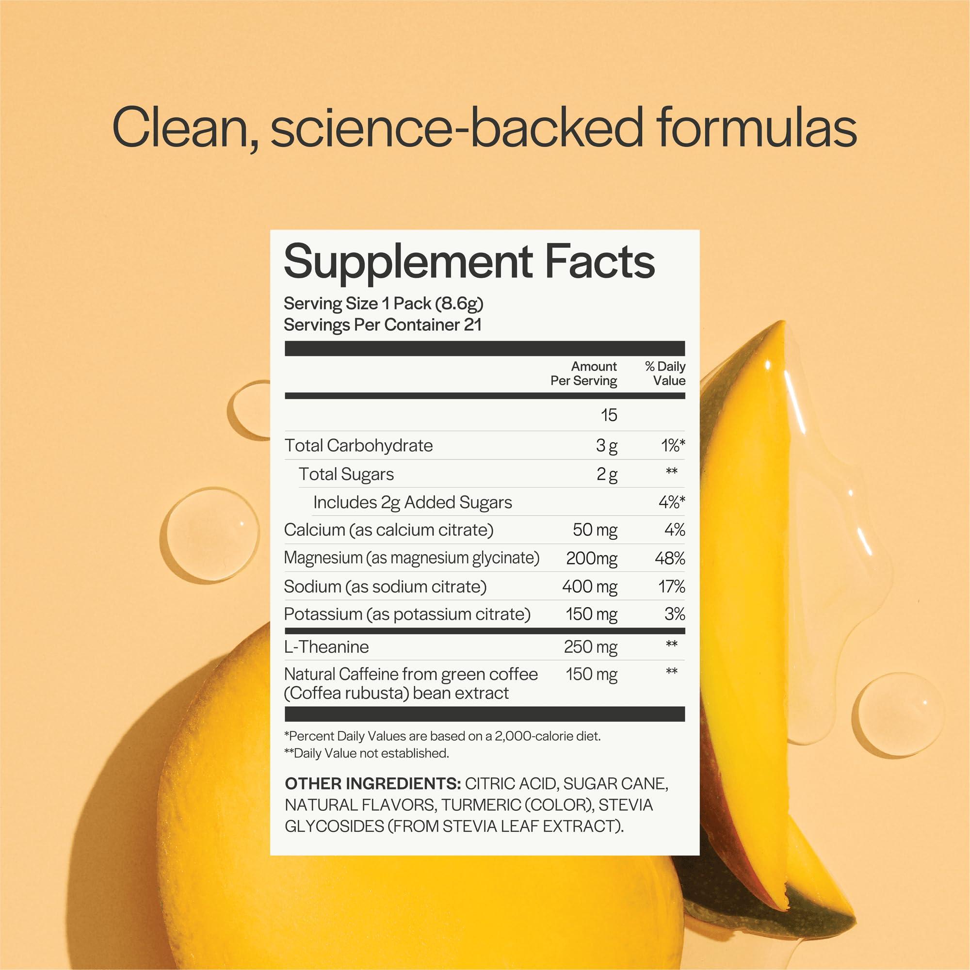 Gainful Gainful Hydration + Caffeine Powder Packets with Key Electrolytes Magnesium & Sodium + L Theanine, Low Sugar Drink Mix, Tropical Mango, 21 Sticks