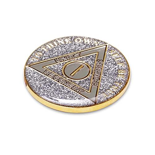 The Token Shop 1 Year Sobriety Coin | Glitter Triplate AA Chip Recovery Anniversary Token (Silver)