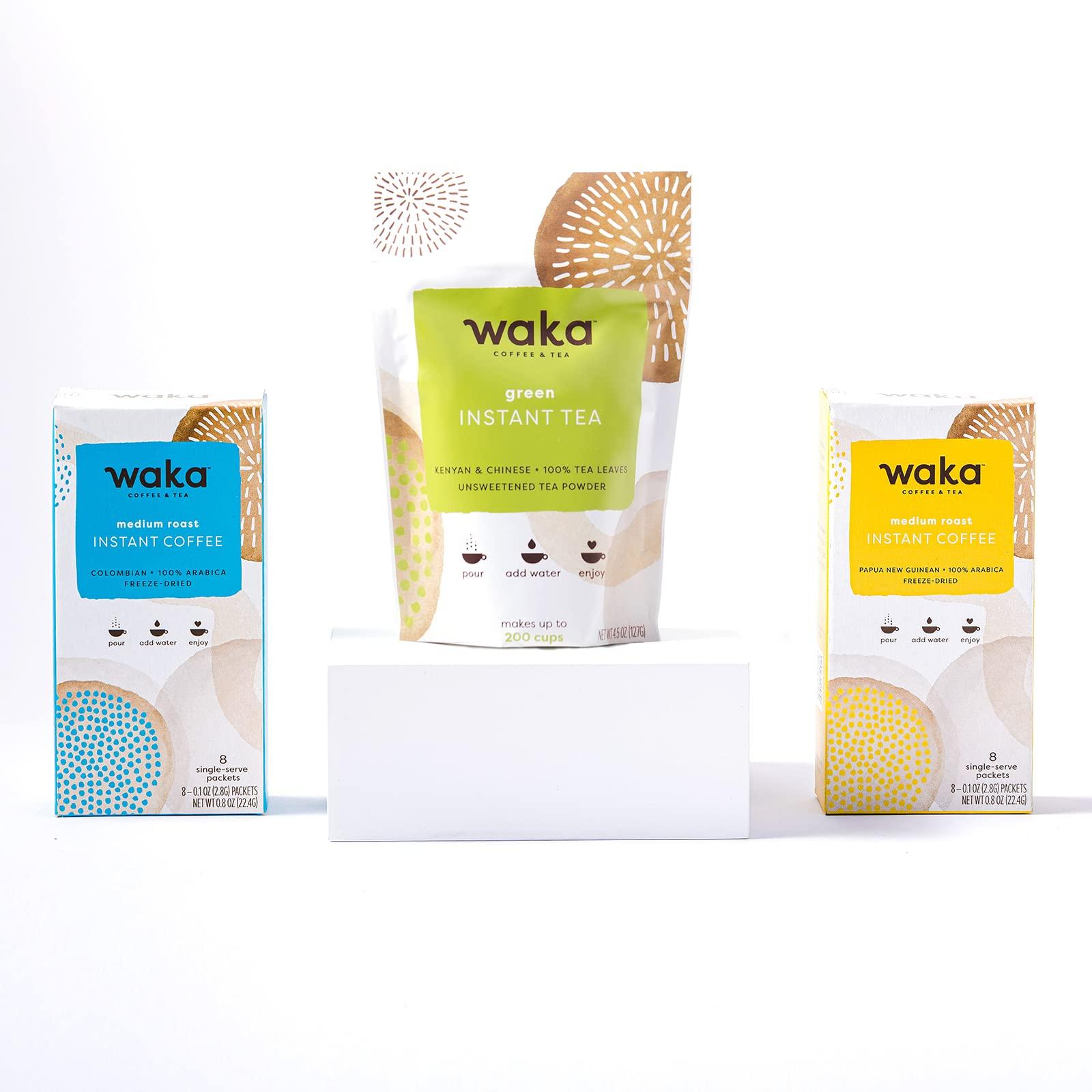 Waka Coffee Waka — Instant Coffee and Tea Bundle — Unsweetened Green Tea — Single-Serve Colombian and Papua New Guinean Boxes