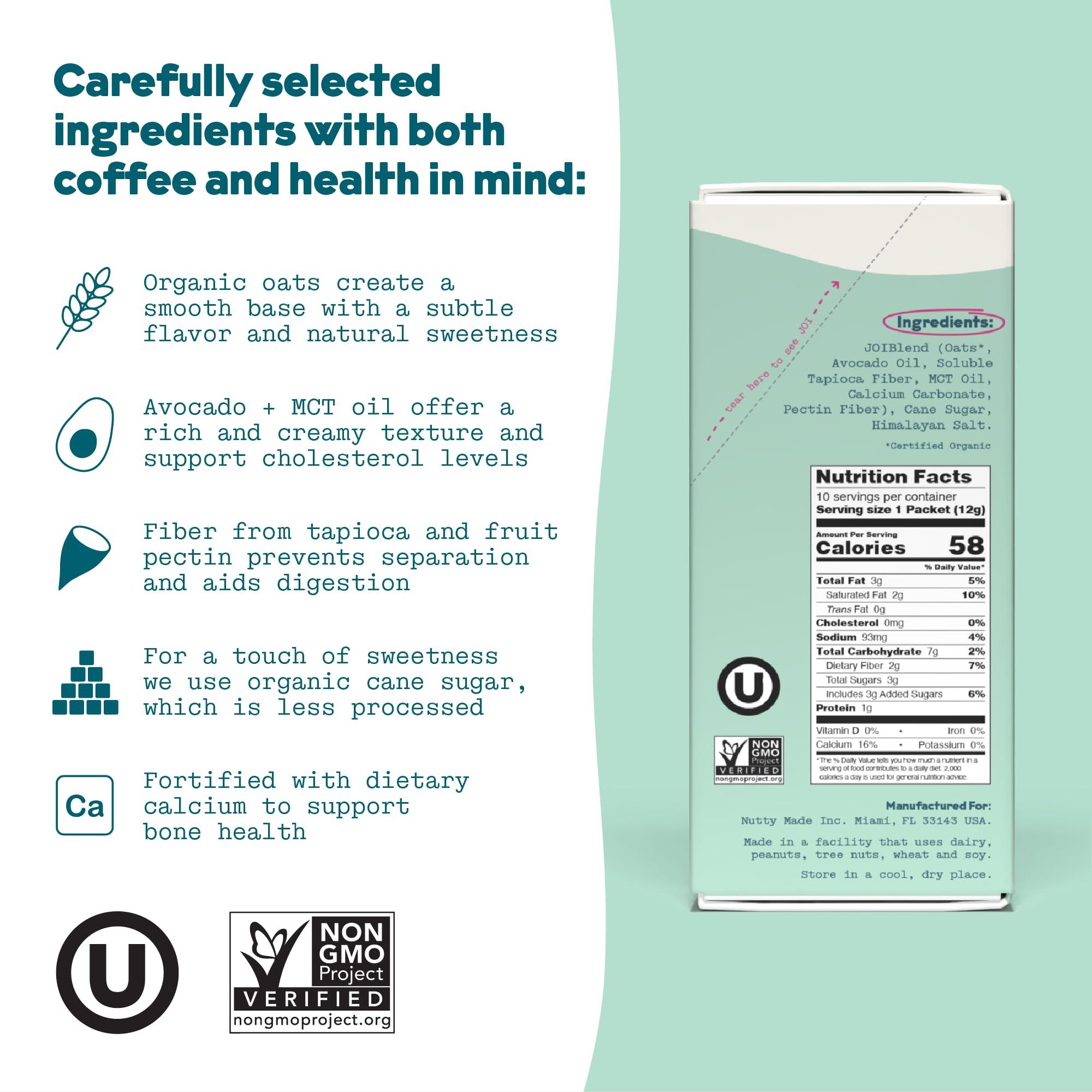 JOI Oat Milk Coffee Creamer, Sweetened 10ct Carton by JOI - Superfood, Vegan, Dairy Free, Plant Based, Kosher, Shelf-Stable, Barista, Fortified with Calcium. Use in Coffee or Protein Shakes. Single Serve.