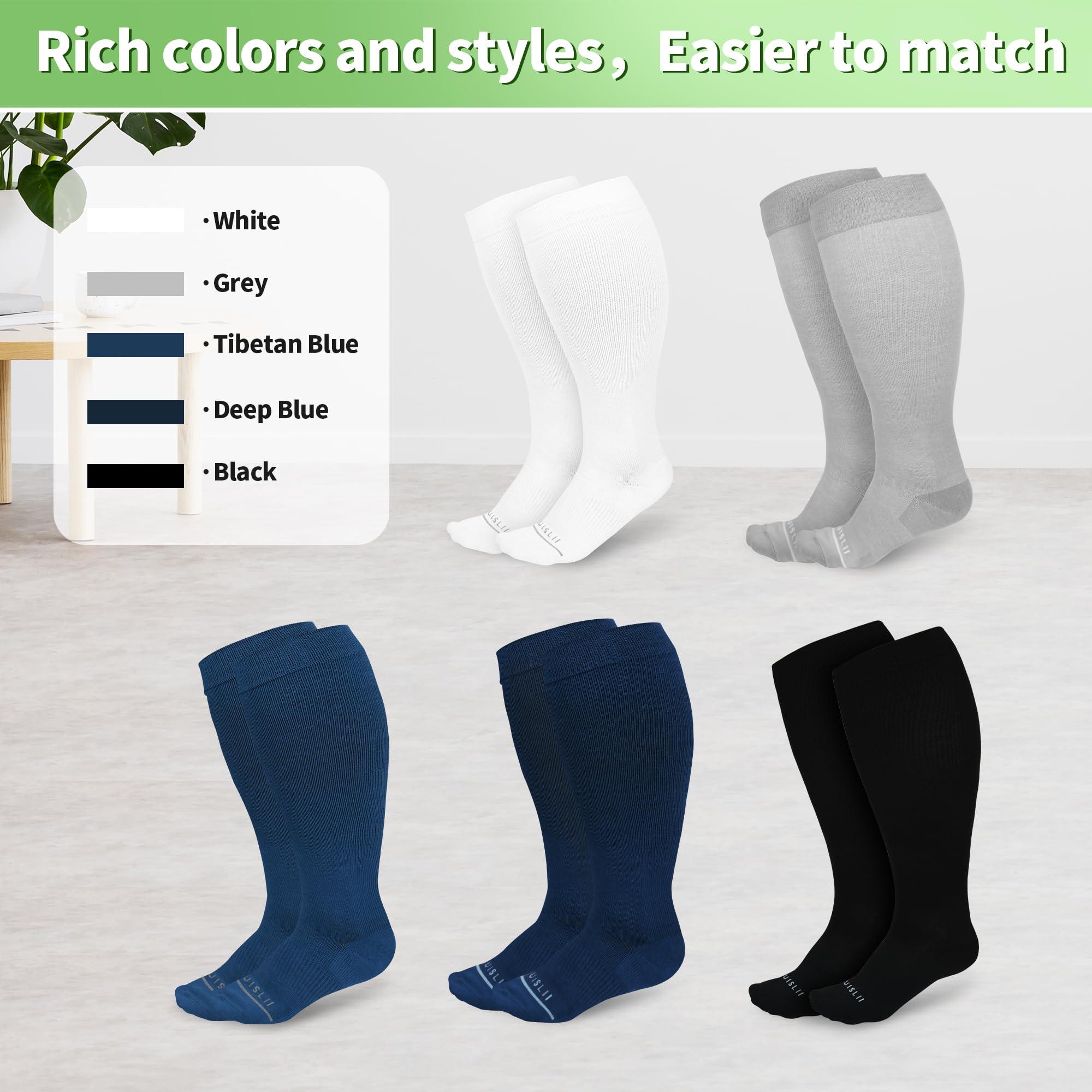 UISLII UISLII Plus Size Compression Socks Wide Calf Women Men,5 Pairs 20-30mmHg Extra Width Calf Viscose Knee High Compression Socks for Circulation Support(Black+White+Grey+Navy+Dark Blue-4XL)