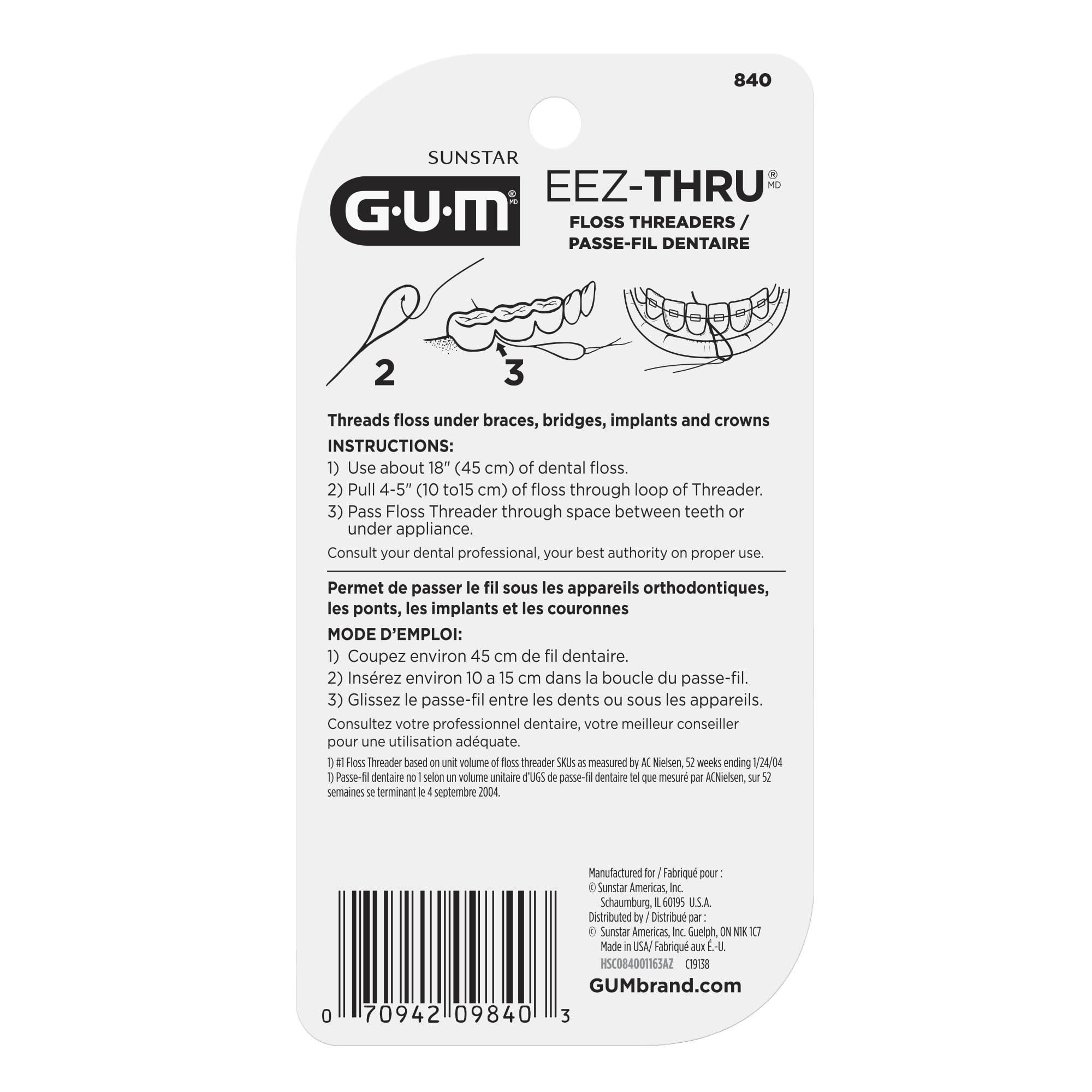 GUM GUM Eez-Thru Floss Threaders, Dental Flossers for Braces, Bridges, & Implants,25ct(6pk)