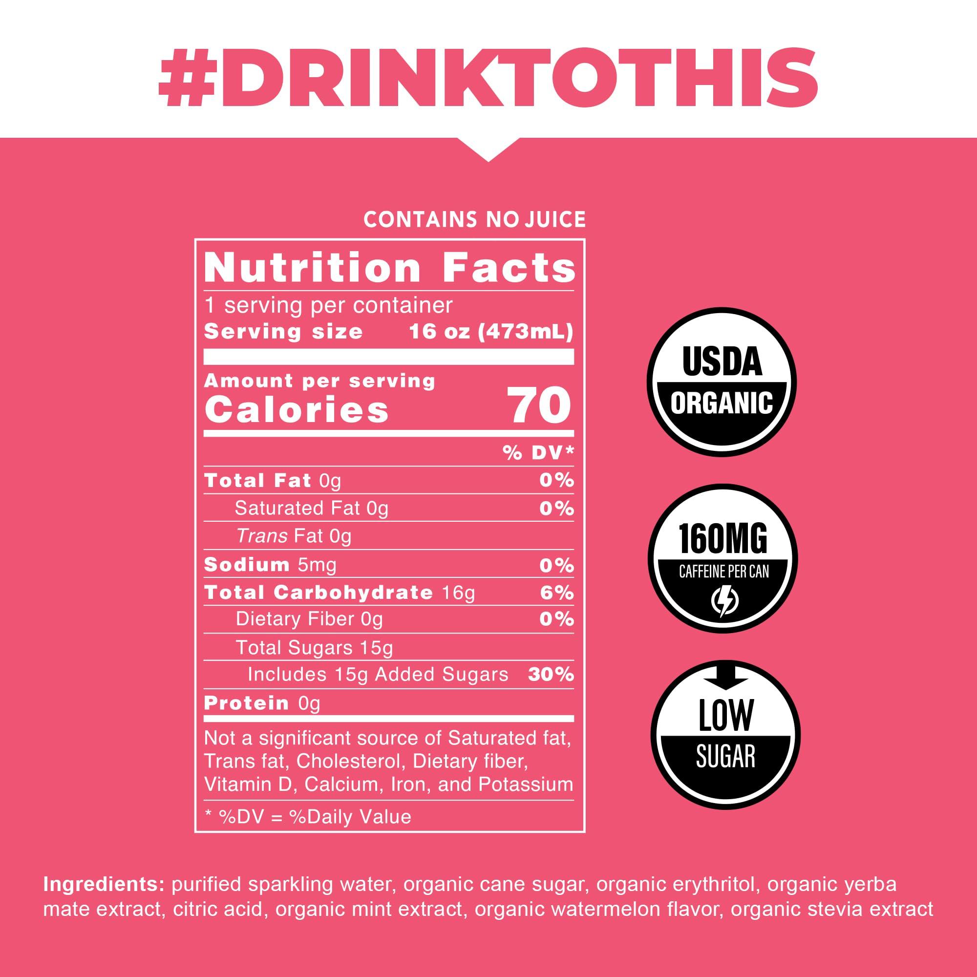 CLEAN CAUSE. CLEAN Cause Low Calorie Watermelon Mint Sparkling Yerba Mate Tea, 160mg Caffeine, Organic, Low Sugar, Healthy Alternative to Energy Drinks (16oz cans, 12-Pack Case)