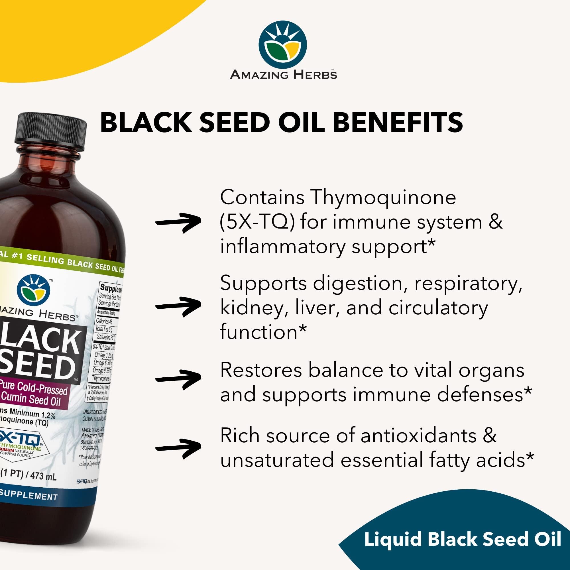 Amazing Herbs Amazing Herbs Premium Black Seed Oil - Cold Pressed Nigella Sativa Aids in Digestive Health, Immune Support, Brain Function, Joint Mobility, Gluten Free, Non GMO - 16 Fl Oz