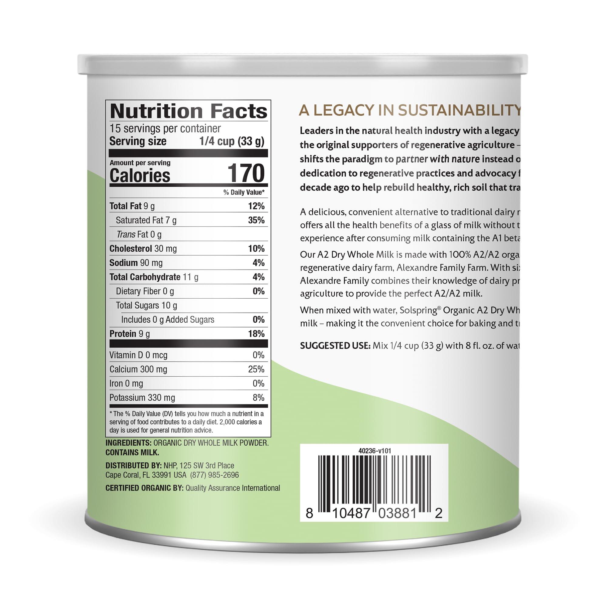 Dr. Mercola Solspring Organic A2 Dry Whole Milk, 15 Servings, 17.4 Oz. (495 g), Contains 26% Milk Fat, Gluten Free, Soy Free, Certified USDA Organic, Dr. Mercola