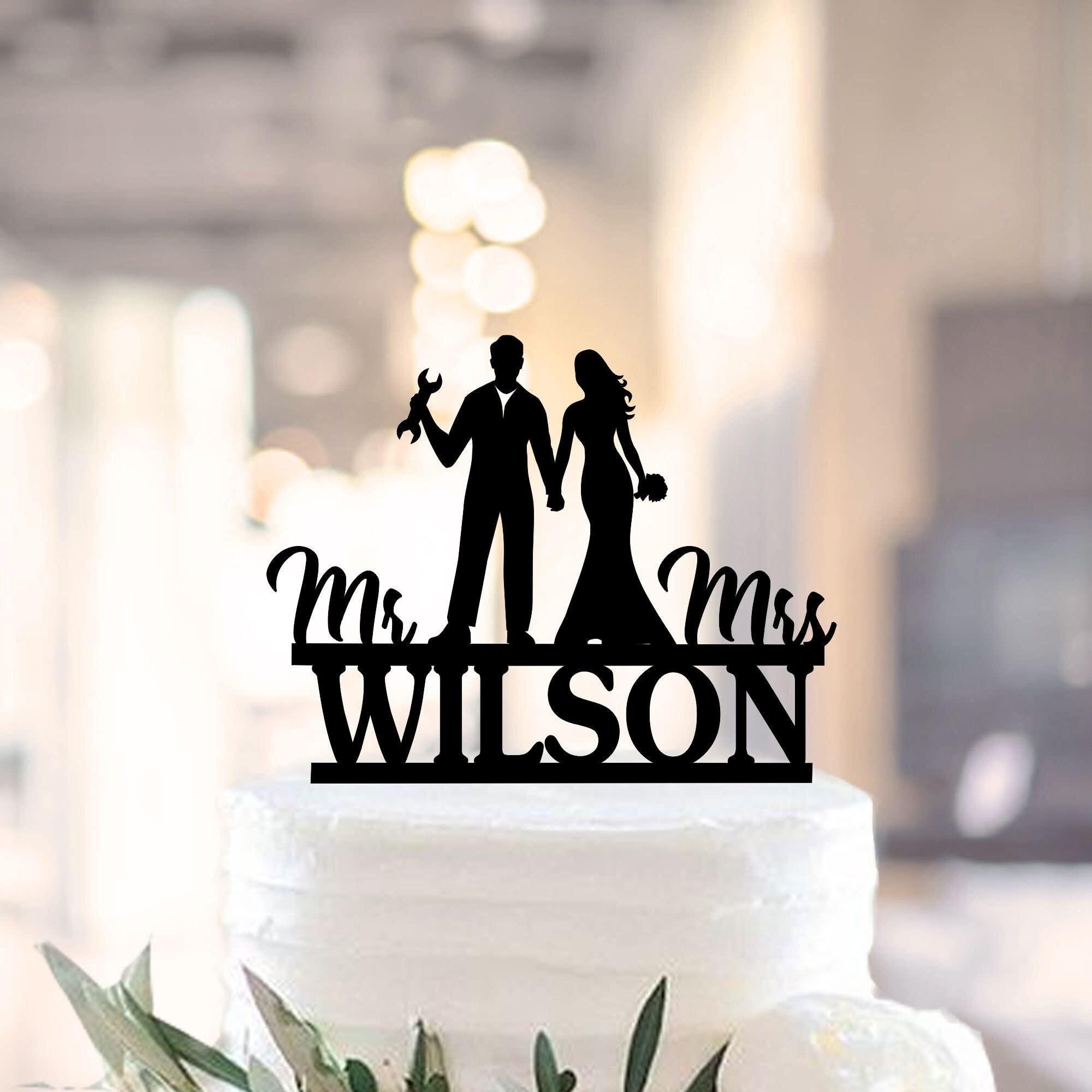 UTF4C Mechanic Wedding Cake Topper,Auto Car Mechanic Cake Topper,Wedding Cake Topper Funny ,Wrench Tools,Bride and Groom,Mr & Mrs Cake Topper 1385