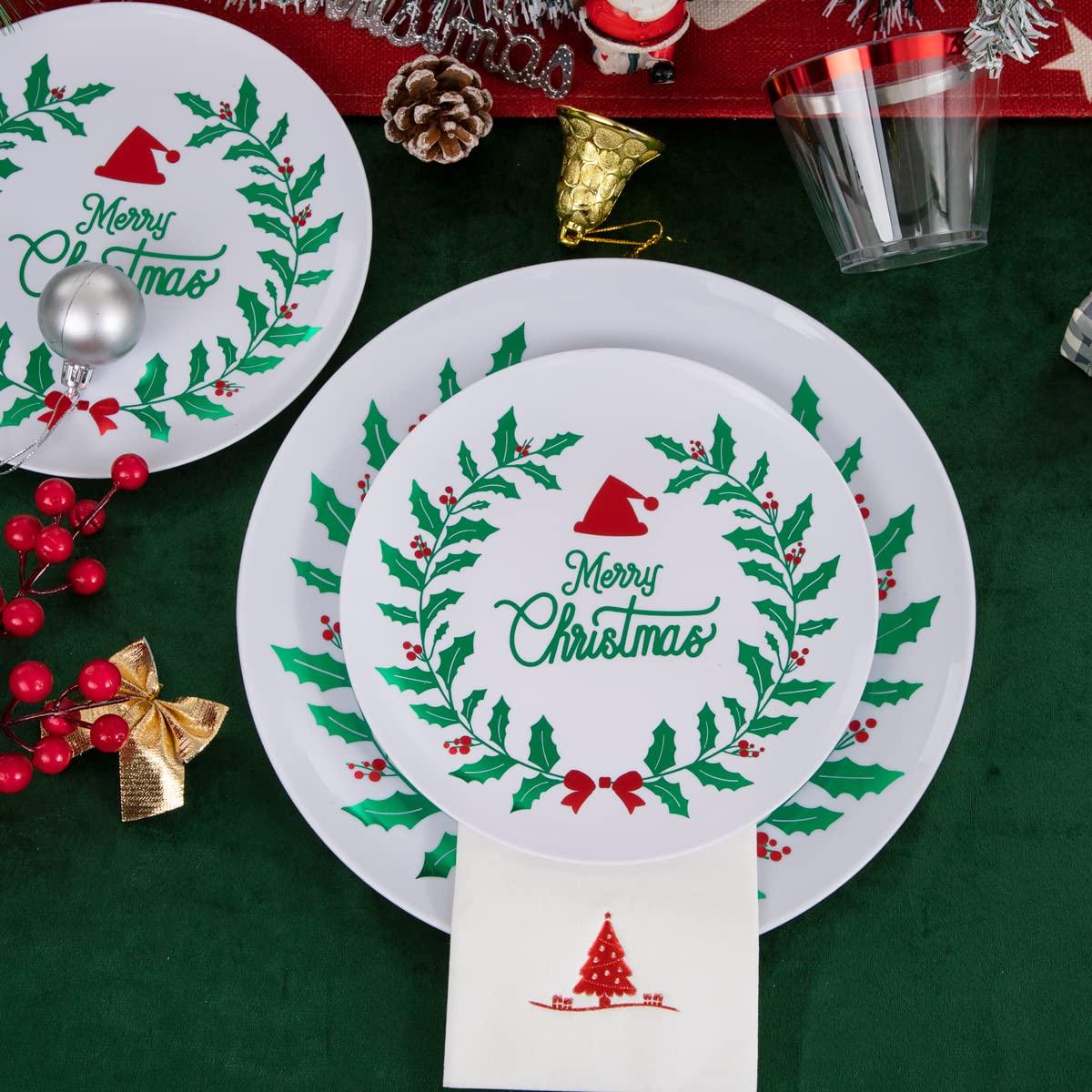Liacere 175PCS Christmas plastic plates-White and Green Plates&Christmas Party Plates include 50 Christmas Plates 25 Cups 75 Plastic cutlery 25 Christmas Tree Napkins for Christmas