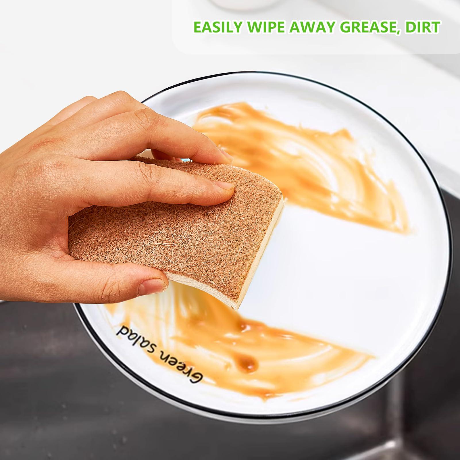 HileSwan 2 Pack Dish Brush with Handle, Dish Cleaning Brushes with Built-in Scraper, and 12 Pack Kitchen Sponges, Natural Dish Scrub Sponge, Non-Scratch Scrubber,