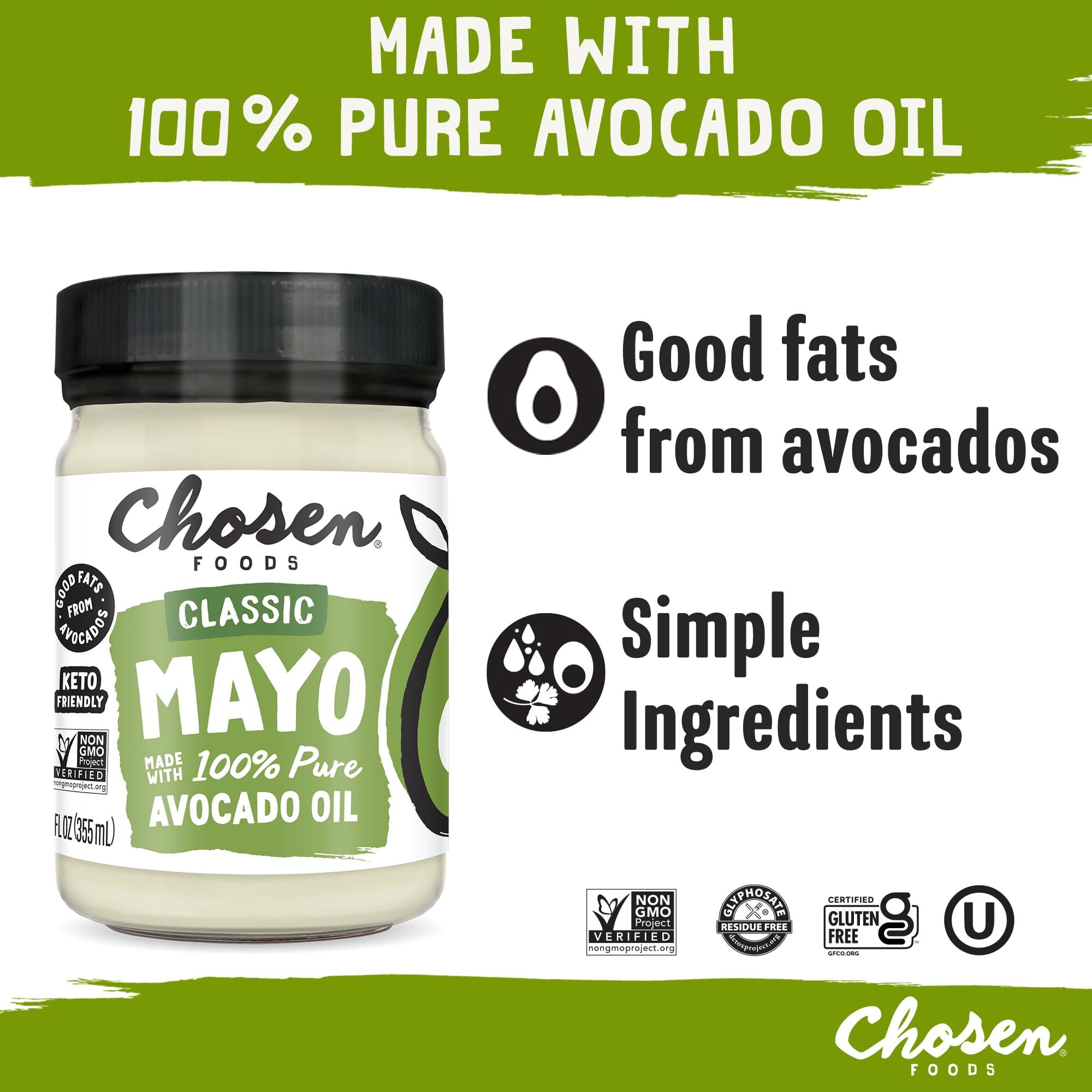 Chosen Foods Chosen Foods 100% Avocado Oil-Based Classic Mayonnaise, Gluten & Dairy Free, Low-Carb, Keto & Paleo Diet Friendly, Mayo for Sandwiches, Dressings and Sauces, Made with Cage Free Eggs (12 fl oz)