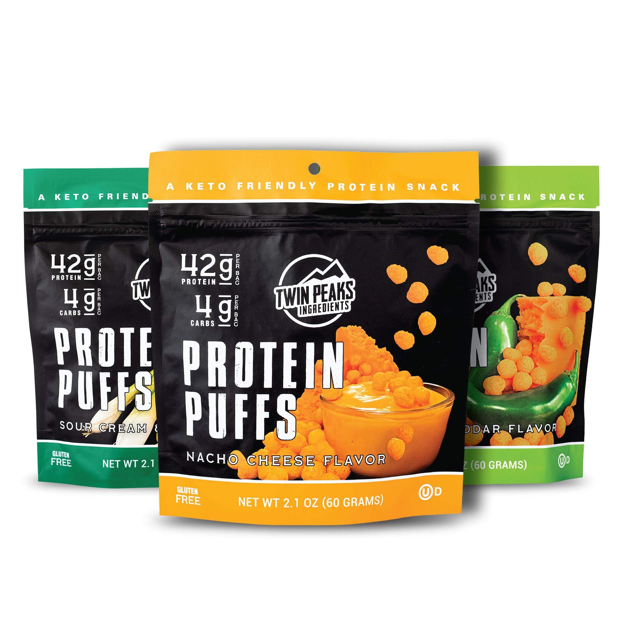 TWIN PEAKS INGREDIENTS Twin Peaks Low Carb, Keto Friendly Protein Puffs, 3 Bags of Assorted Flavor Puffs + 1 Jug Nacho Cheese Flavor Puffs