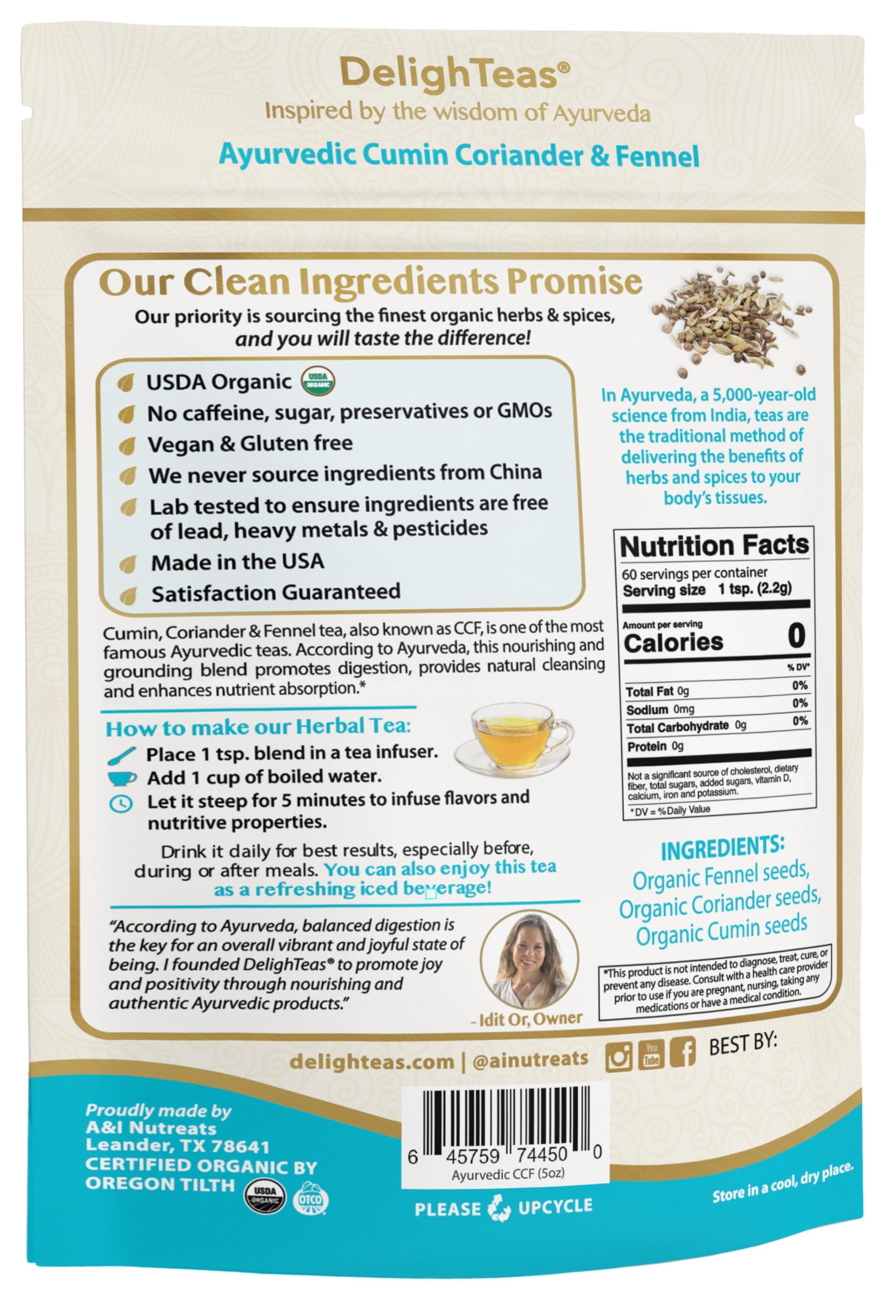 DelighTeas DelighTeas Organic Digest & Detox CCF Tea | Ayurvedic Cumin, Coriander, Fennel Loose Leaf Tea for Digestion, Detox Cleanse | USDA Organic, Non-GMO, Caffeine Free, Sugar Free | 60 Servings, 5 oz.