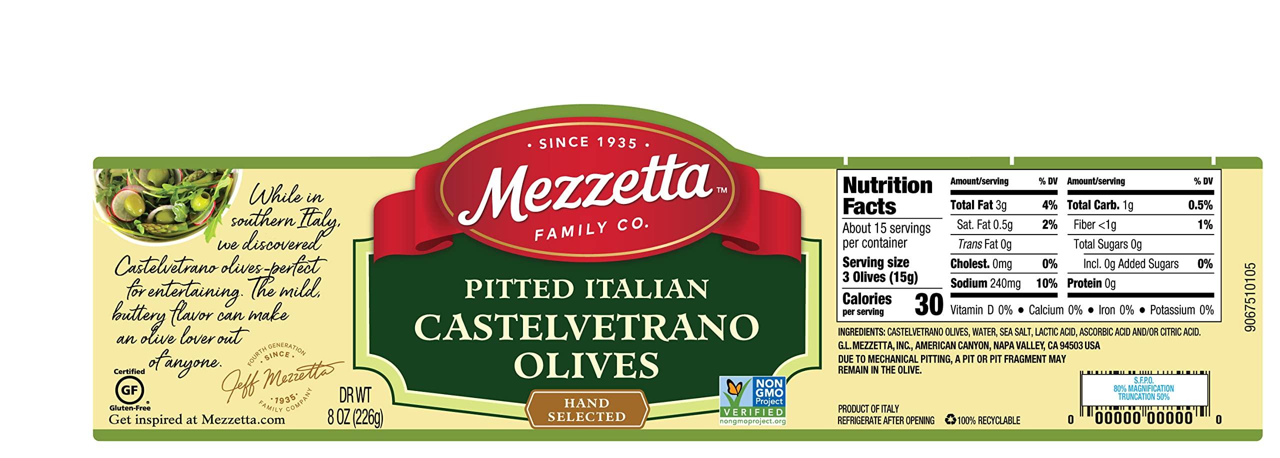 Mezzetta Mezzetta Pitted Italian Castelvetrano Olives | Non-GMO, Gluten Free, Keto | 8 Ounce Drained Weight Jar (Pack of 6)