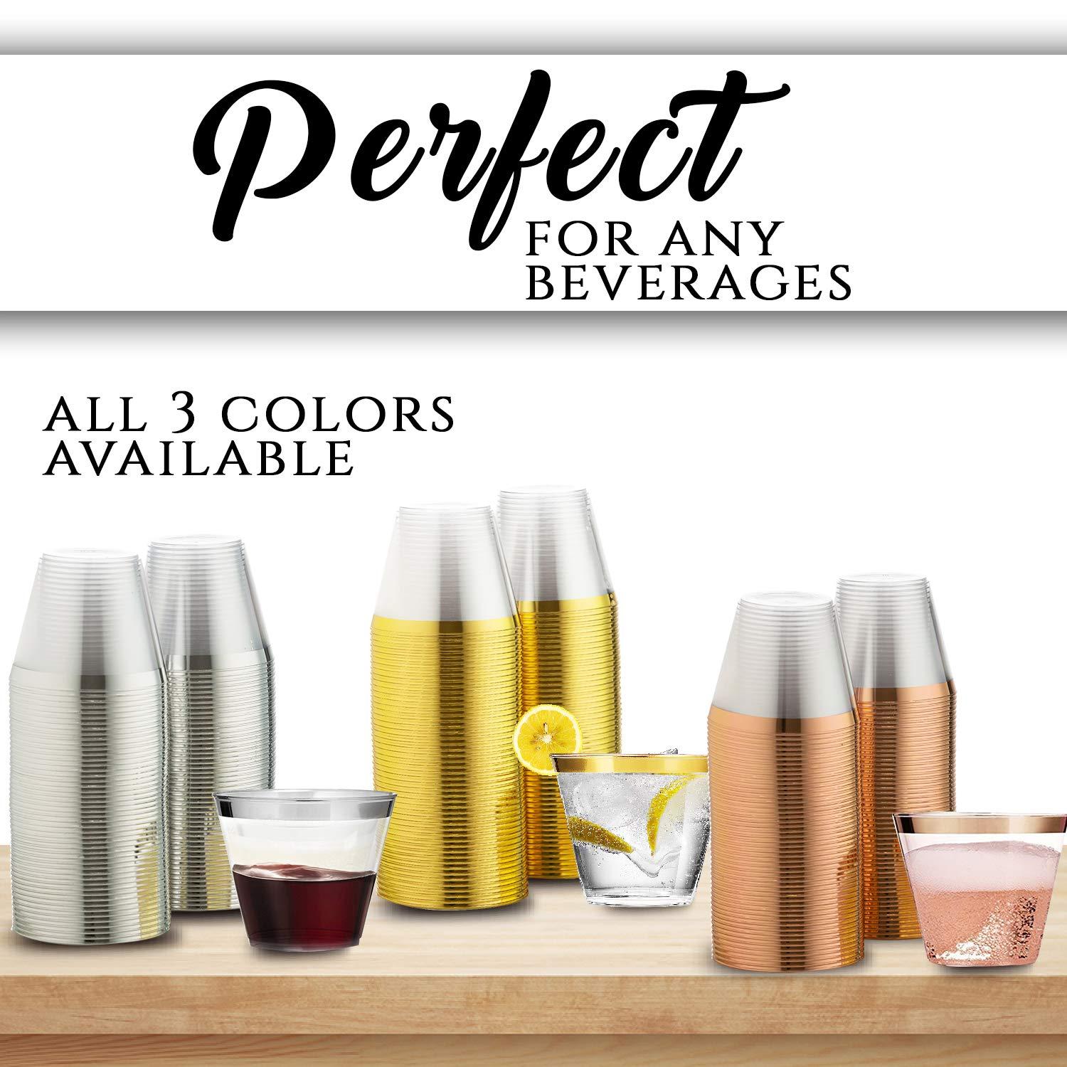 DECPREP Gold Rimmed Clear Cups 9 oz. | Old Fashioned Tumblers | Elegant Plastic Party Cups | Fancy Disposable Wedding Cups | Heavy Duty Gold Rimmed Cups (100 ct)