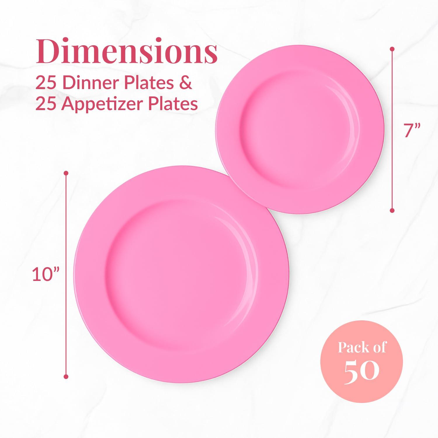 Prestee Prestee 50-pc Pink Plastic Plates - 25 Plastic Dinner Plates (10\") + 25 Salad Small Plastic Plates (7\") - Pink Disposable Plates, Tea Party Plates, Pink Party Plates, Easter Plates, Baby Shower Plates