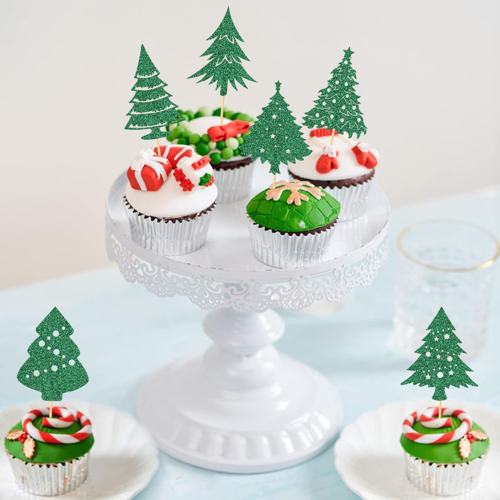Hengmerry 36 Pieces Christmas Tree Cupcake Toppers Glitter Santa Tree Cake Topper Picks for Xmas Holiday New Year Birthday Party Decorations, 6 Designs