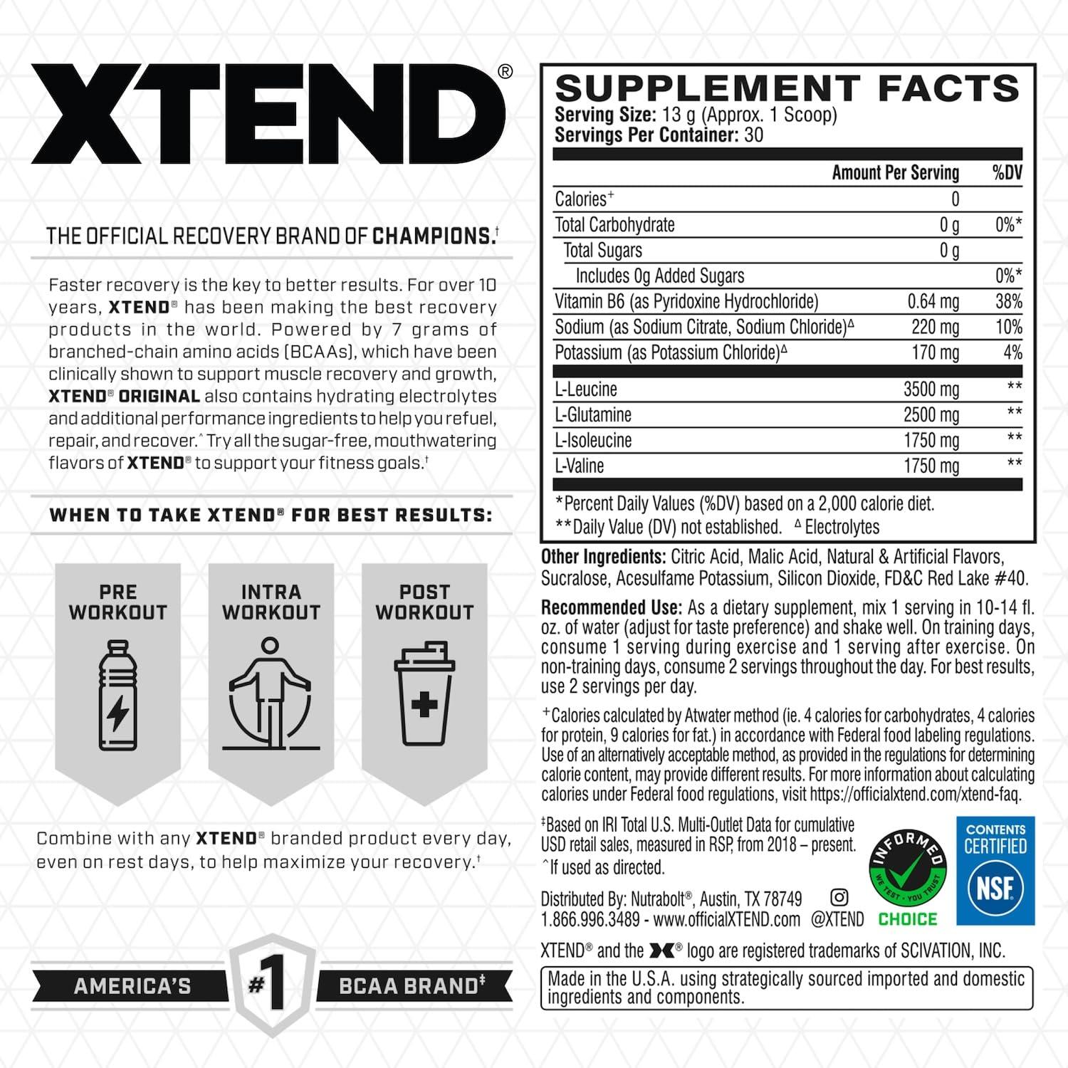 Xtend Xtend XTEND Original BCAA Powder 7g BCAA and 2.5g L-Glutamine, Sugar Free Post Workout Muscle Recovery Drink with Amino Acids for Men & Women, 30 Servings