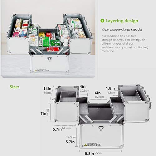 Nurth Medicine Box Nurth First Aid Kit Lockable First Aid Box Security Lock Medicine Storage Box with Portable Handle,Medication Lock Box 3 Tier Design/Precription Storage Box Large Space 14 × 9.8 × 11inch (Silver)