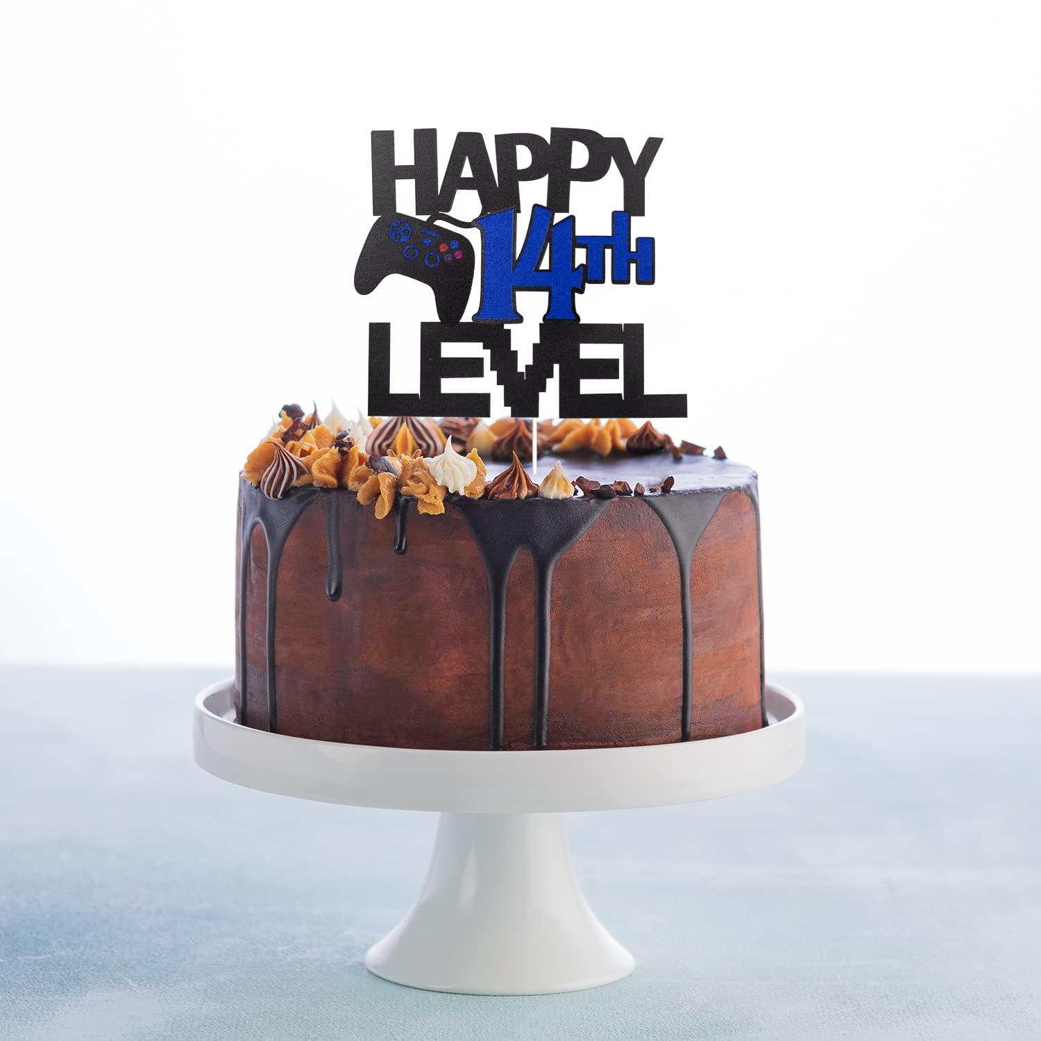 LQINBIBJ Video Game Cake Topper For Happy 14th Level Birthday Decoration - Glitter Happy 14th Birthday Video Game Cake Topper - Gamer Levle 14th Unlocked Birthday Party Cake Decorations