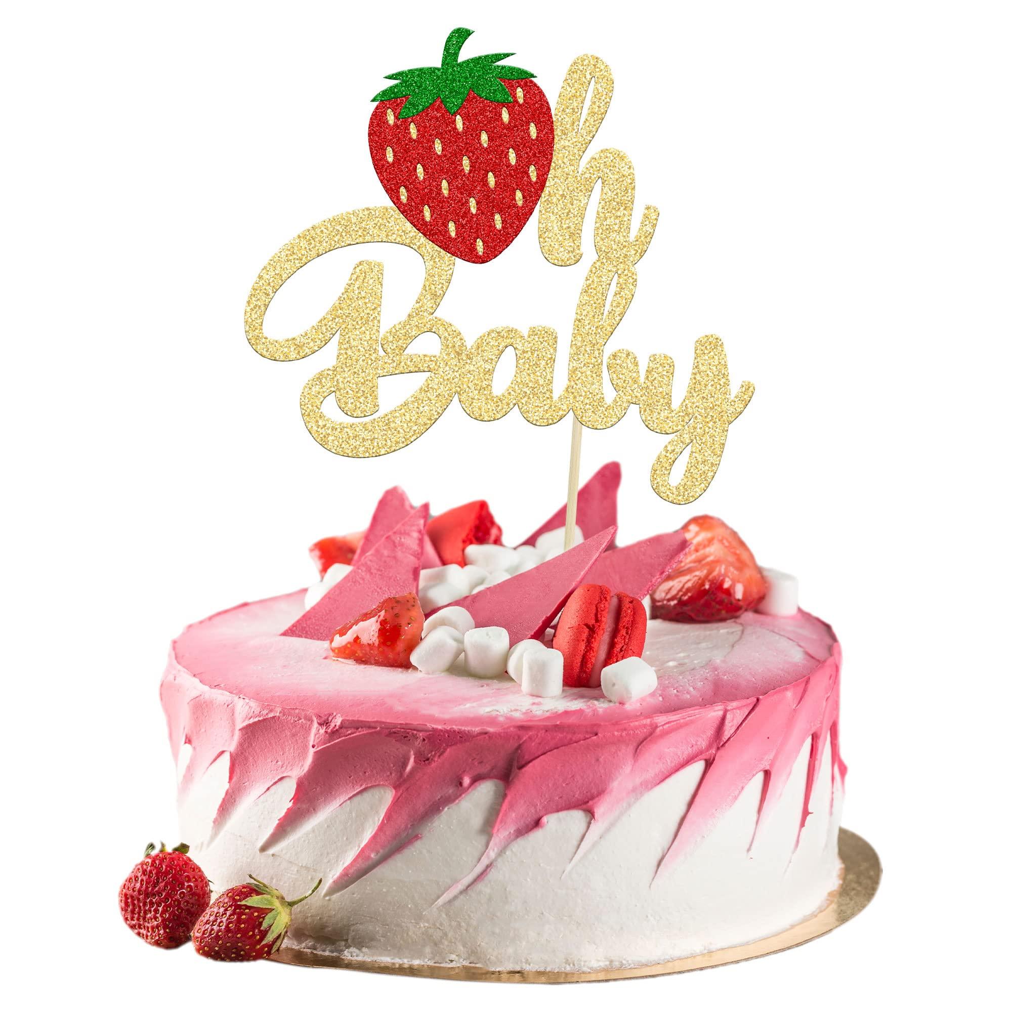 Ephlyn 1Pc Strawberry Oh Baby Cake Topper Glitter Fruit Theme Babyshower Strawberry Cake Decoration for Gender Reveal Baby Shower Kids Boys Girls Birthday Party Cake Decorations Supplies
