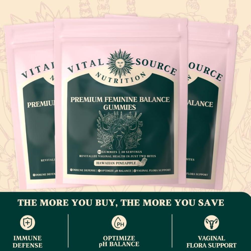 Vital Source Nutrition Vital Source Nutrition - Premium Feminine Balance Gummies - for Womens Health & Wellness - Immune Support - Vegan, Gluten-Free - Hawaiian Pineapple - 60 Gummies - 30 Servings