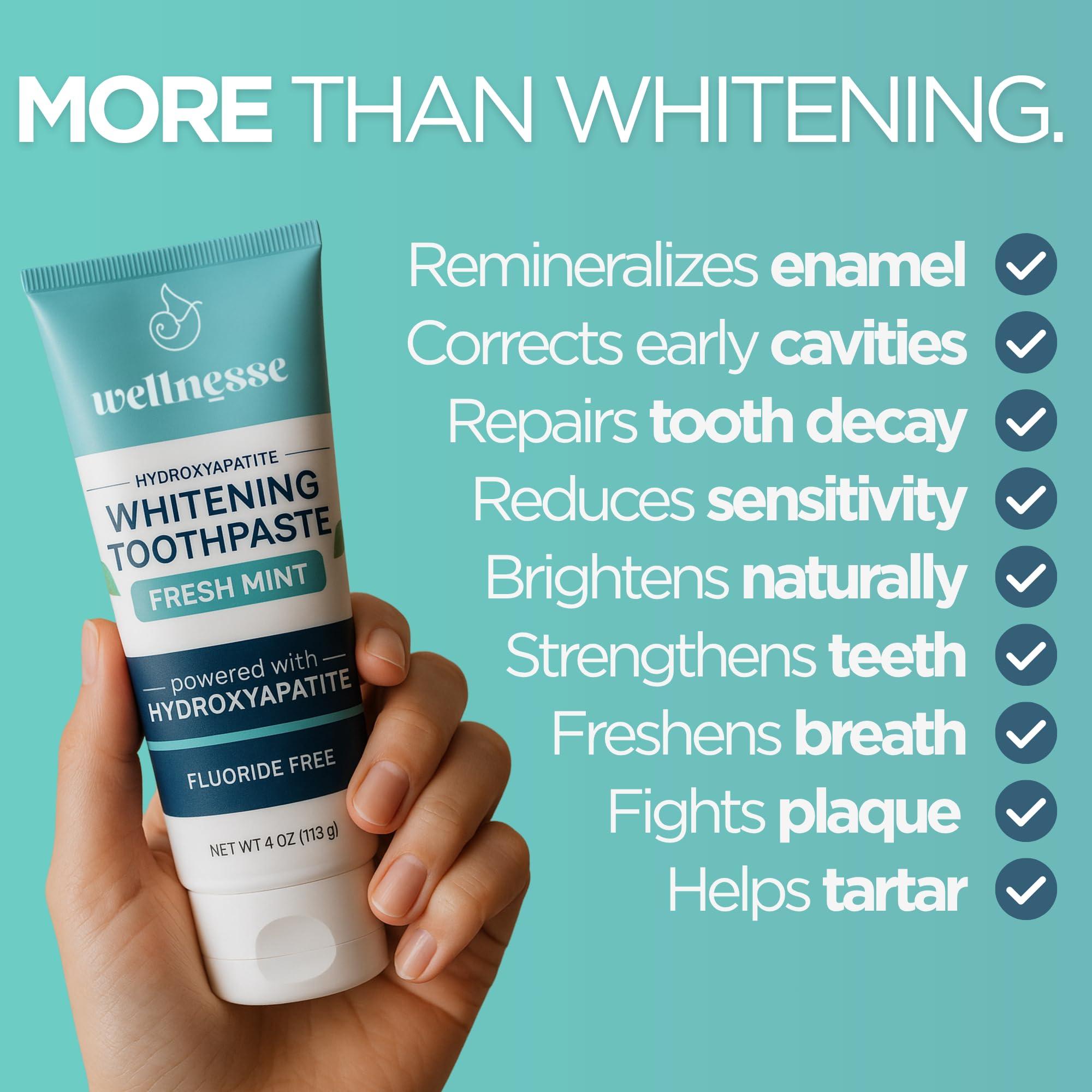 Wellnesse Wellnesse Whitening Toothpaste - Teeth Whitening Fluoride Free Natural Toothpaste - Fresh Mint - 3 Tubes, 4 oz - Made with Hydroxyapatite Powder, Green Tea Powder, and Aloe Vera
