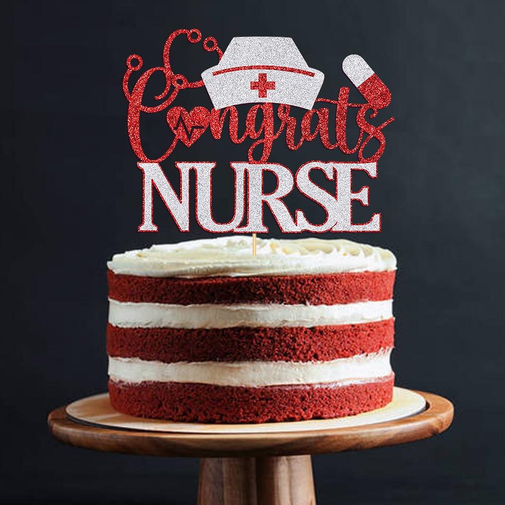Dcokska Dcokska Congrats Nurse Cake Topper, Future Nurse Cake Topper, Congrats RN, Nurse Graduation/Medical School Graduation Party Decorations Supplies/Dinner Party Cake Topper Decorations (Red & Silver-1)