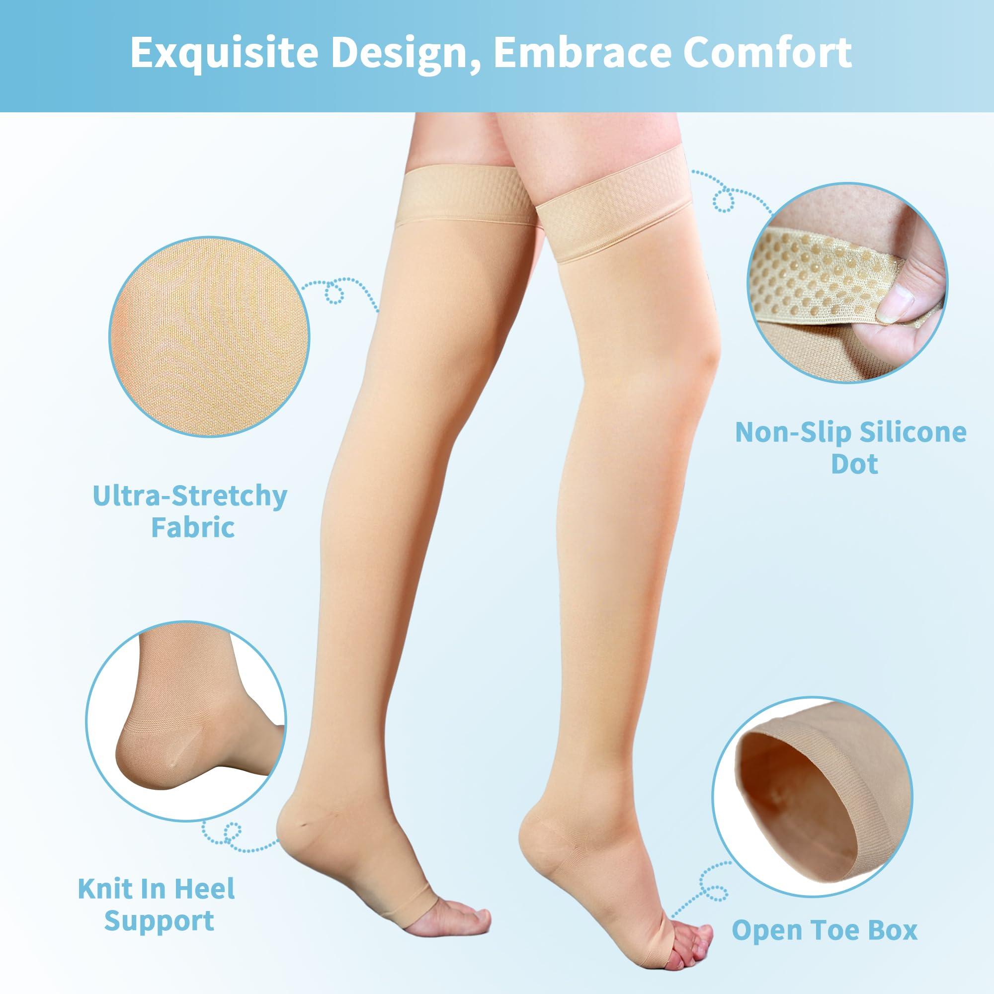 Bewzilove 20-30 mmHg Compression Stockings for Women & Men, Thigh High Compression Socks Open Toe, Silicone Dot Band (Nude, Small)