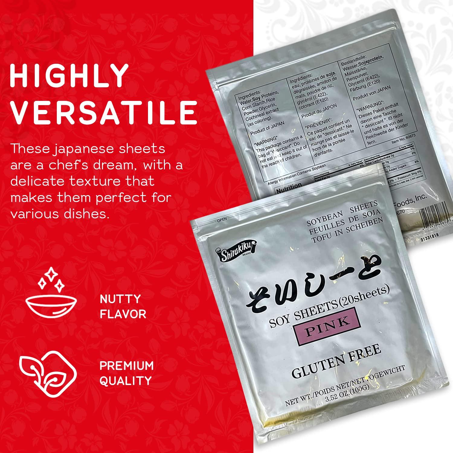 SHIRAKIKU BRAND Shirakiku Pink Sushi Soy Wrapper- Authentic Japanese Gluten-Free Wraps for Tofu, sushi | Soy Proteins, Corn Starch, Rice Powder, and Cochineal Extract | Easy to Use 20 Sheets - (3.52 Oz)