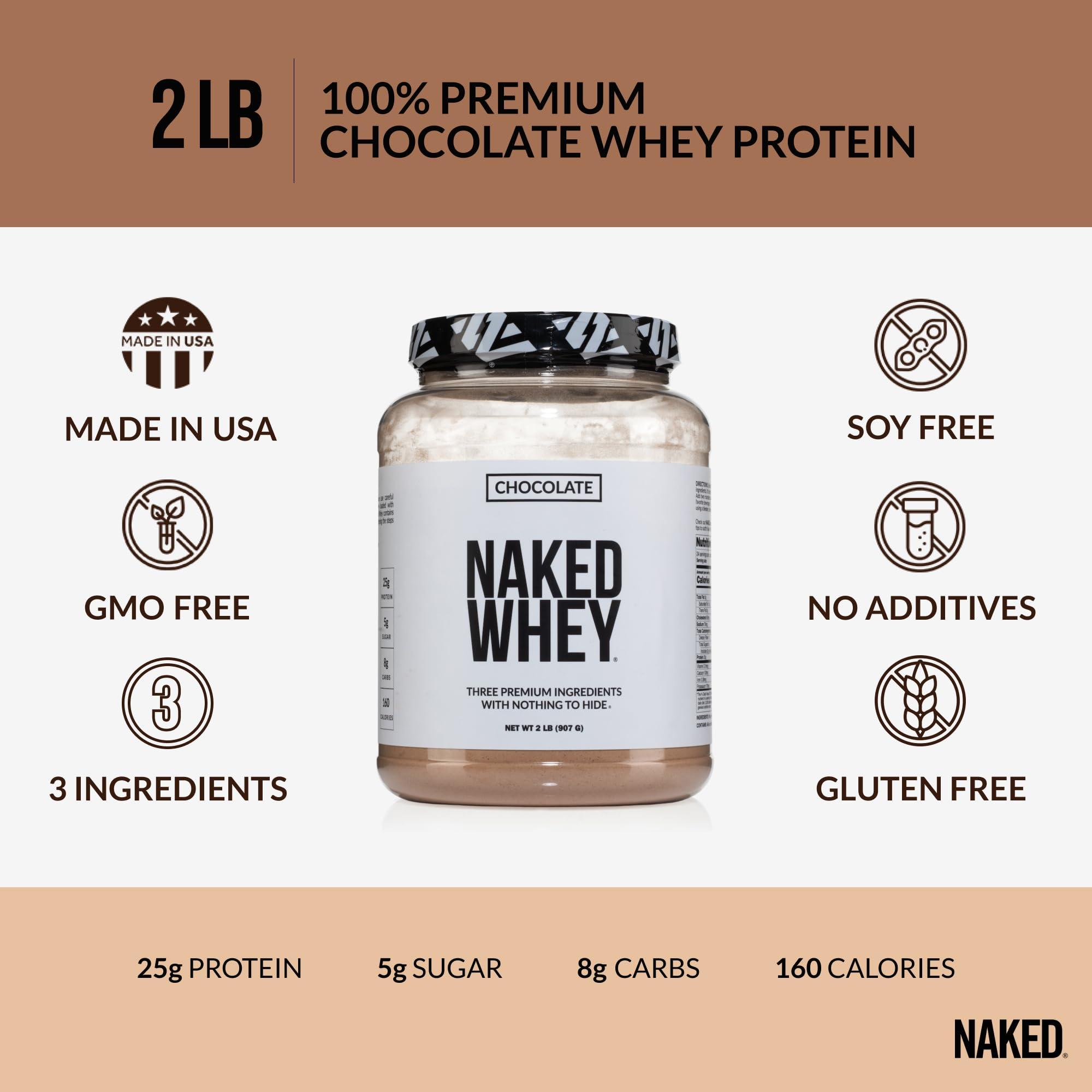 NAKED NAKED Whey Chocolate Protein Powder - Only 3 Ingredients - Grass Fed Whey Protein Powder, Organic Chocolate and Organic Coconut Sugar, No GMO, No Soy, and Gluten Free - 24 Servings