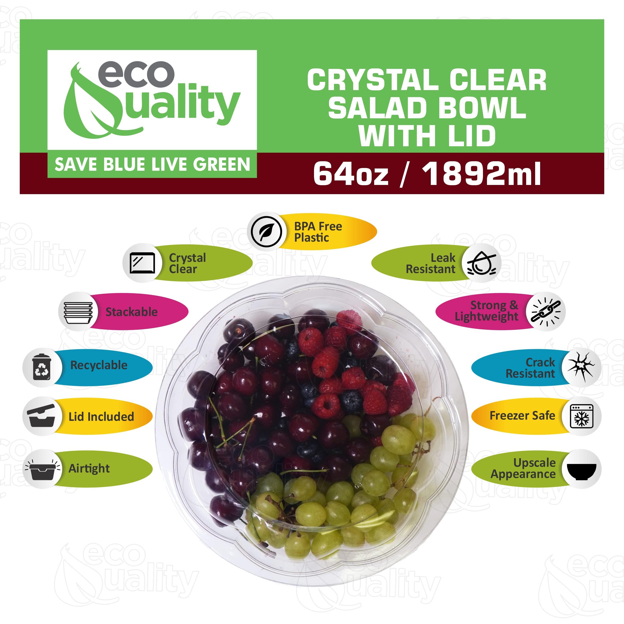 EcoQuality 64oz Salad Bowls To-Go with Lids - Crystal Clear Plastic Disposable Wide Salad Containers | Airtight, Lunch, Salads, Parfait, Fruits, Leak Proof, Airtight, Fresh, Meal Prep | Rose Bowl Container (75)