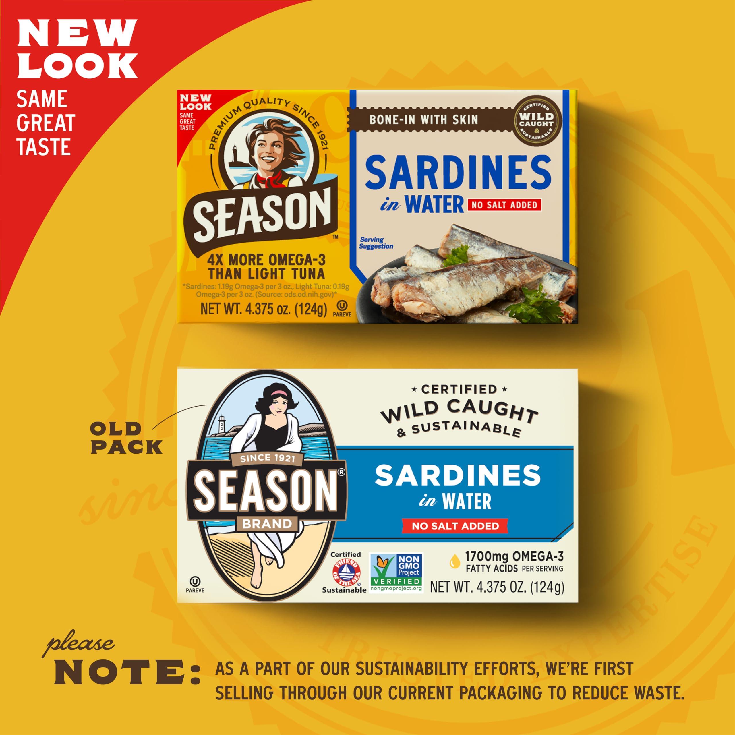 SEASON Season Sardines in Water No Salt Added, Wild Caught, 22g of Protein, Keto Snacks, More Omega 3\'s Than Tuna, Kosher, High in Calcium, Canned Sardines 4.37 Oz Tins, 24-Pack