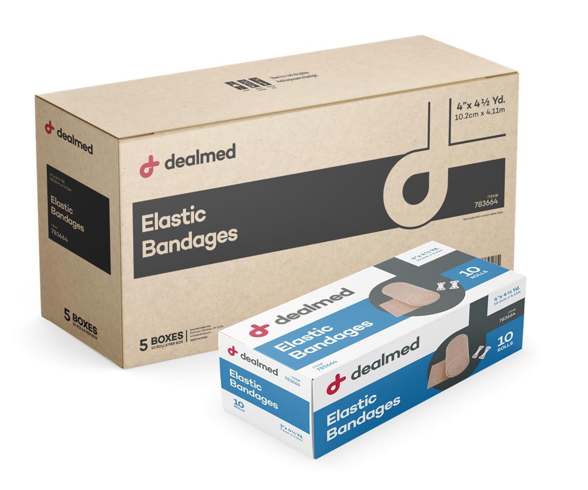 Dealmed Dealmed 4\" Elastic Bandage Wrap with Clip Closure 50 Elastic Bandages, 4.5 Yards Stretched Compression Bandage Wrap, Wound Care Product for First Aid Kit and Medical Facilities