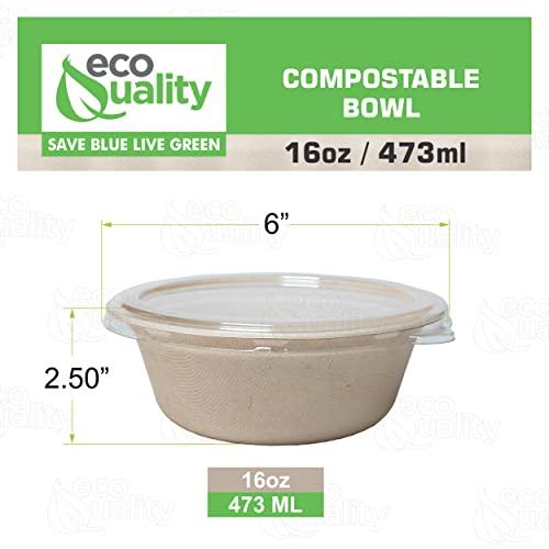 EcoQuality [400 Pack] 16 oz Compostable Paper Bowls with Lids Heavy-Duty Disposable Bowls, Eco-Friendly Natural Bagasse Unbleached, Hot or Cold Use, 100% Biodegradable Soup Bowls Sugarcane