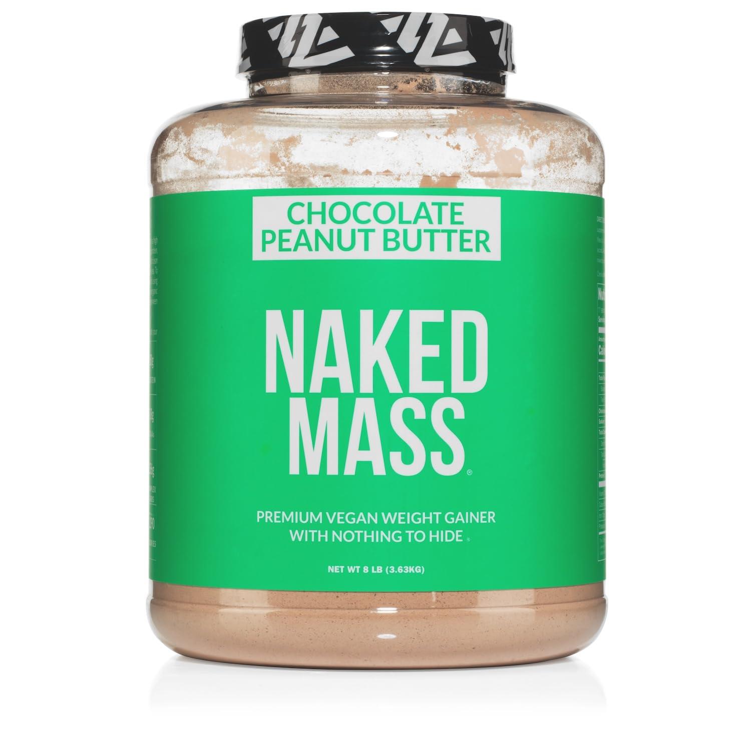 NAKED NAKED Chocolate Peanut Butter Vegan Mass - 1,290 Calories, Nothing Artificial, All Natural Chocolate PB Weight Gainer Protein Powder - 8LB Bulk, GMO Free, Gluten Free & Soy Free - 11 Servings