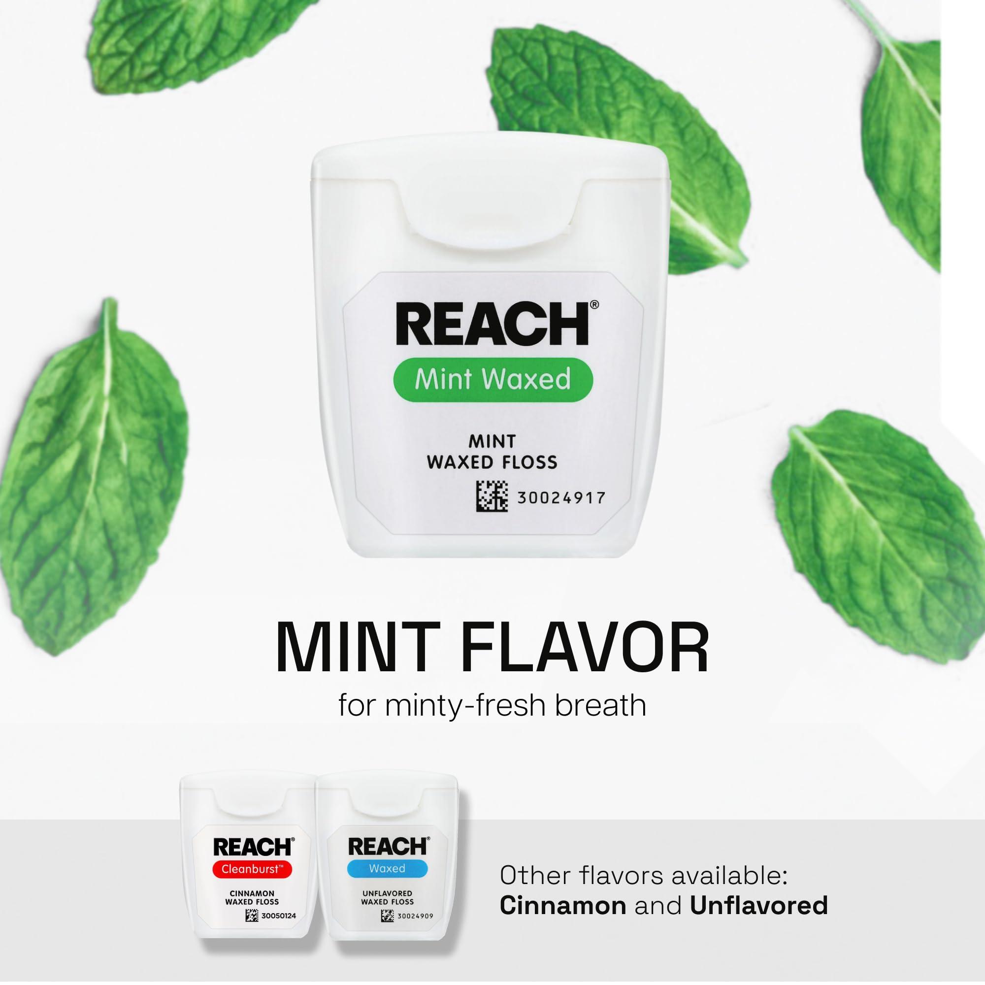 Reach REACH Waxed Dental Floss, Mint, Plaque Remover for Teeth, Shred Resistant, Floss Slides Smoothly, Easy to Use, Waxed, Deep Cleaning Teeth, Oral Care, PFAS Free, for Adults & Kids, 6 Pack, 55 yd