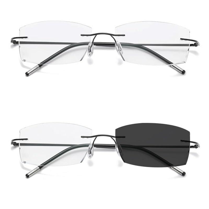 WInara WInara Photochromic Transition Reading Glasses Rimless Eyewear Anti UV SunGlasses Far and Near Dual Use HD Presbyopia glasses (Color : Black, Size : +1.00)