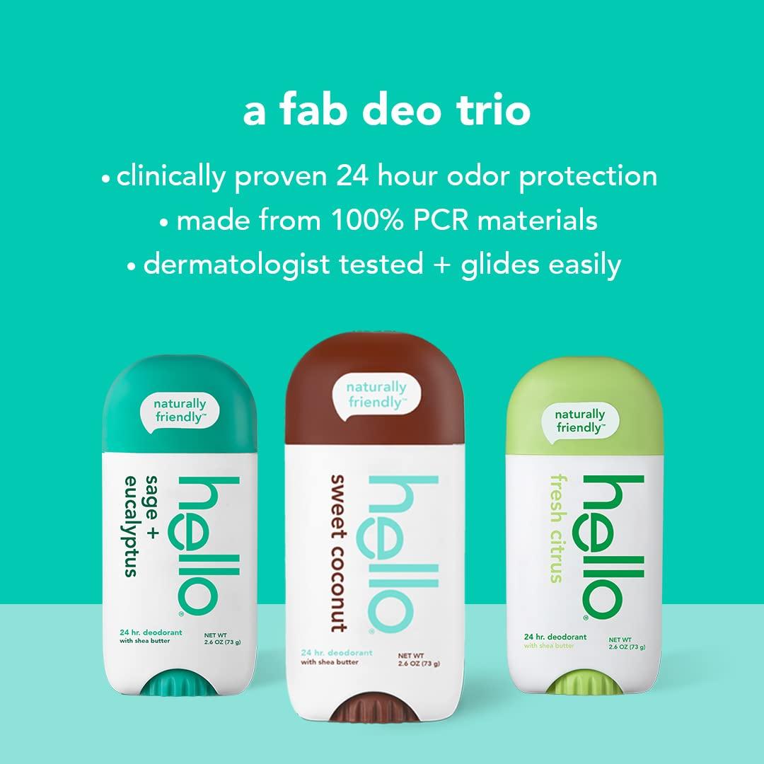 hello Hello Naturally Whitening Fluoride Toothpaste, Natural Peppermint Flavor and Tea Tree Oil & Deodorant Variety Pack (Sweet Coconut, Fresh Citrus, White Sage) for Women + Men