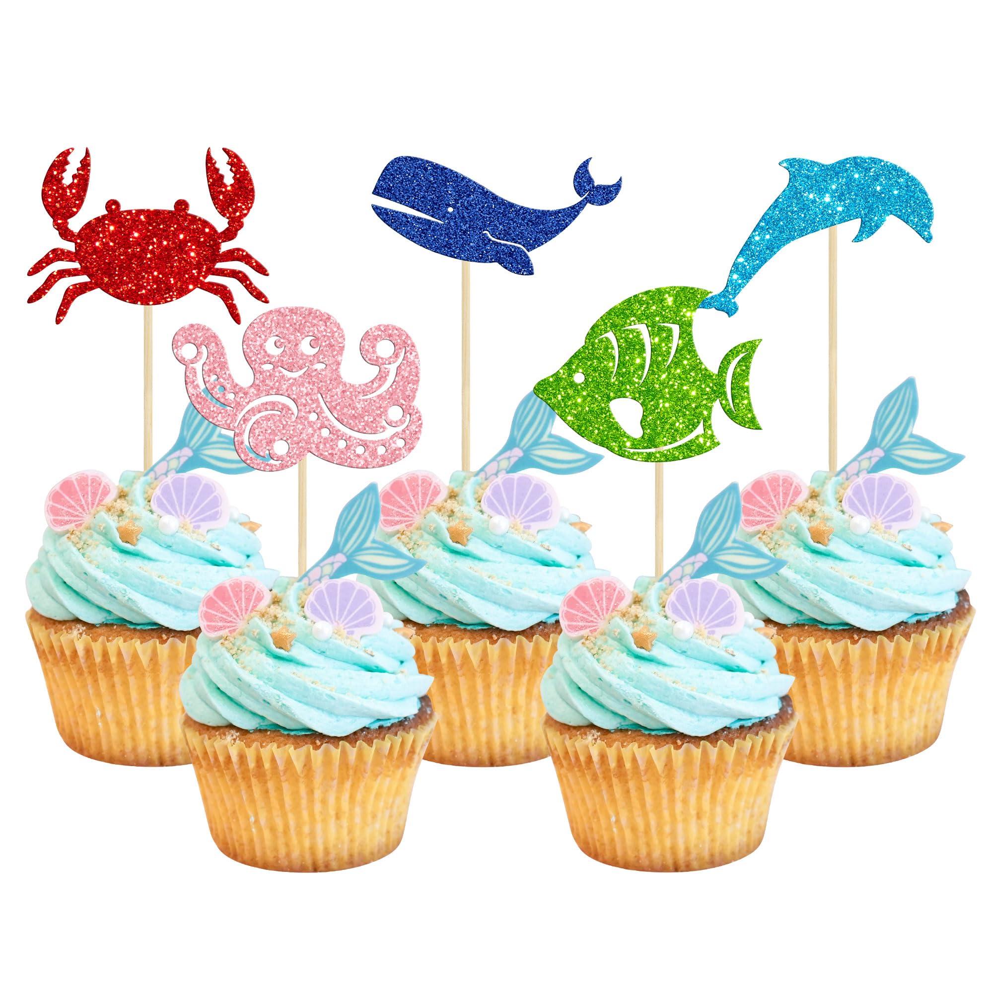 Gyufise Gyufise 30 Pack Ocean Sea Animals Cupcake Toppers Dolphin Crab whale Octopus Fish Cupcake Picks Baby Shower Under the Sea Animals Theme Birthday Party Cake Decorations Supplies